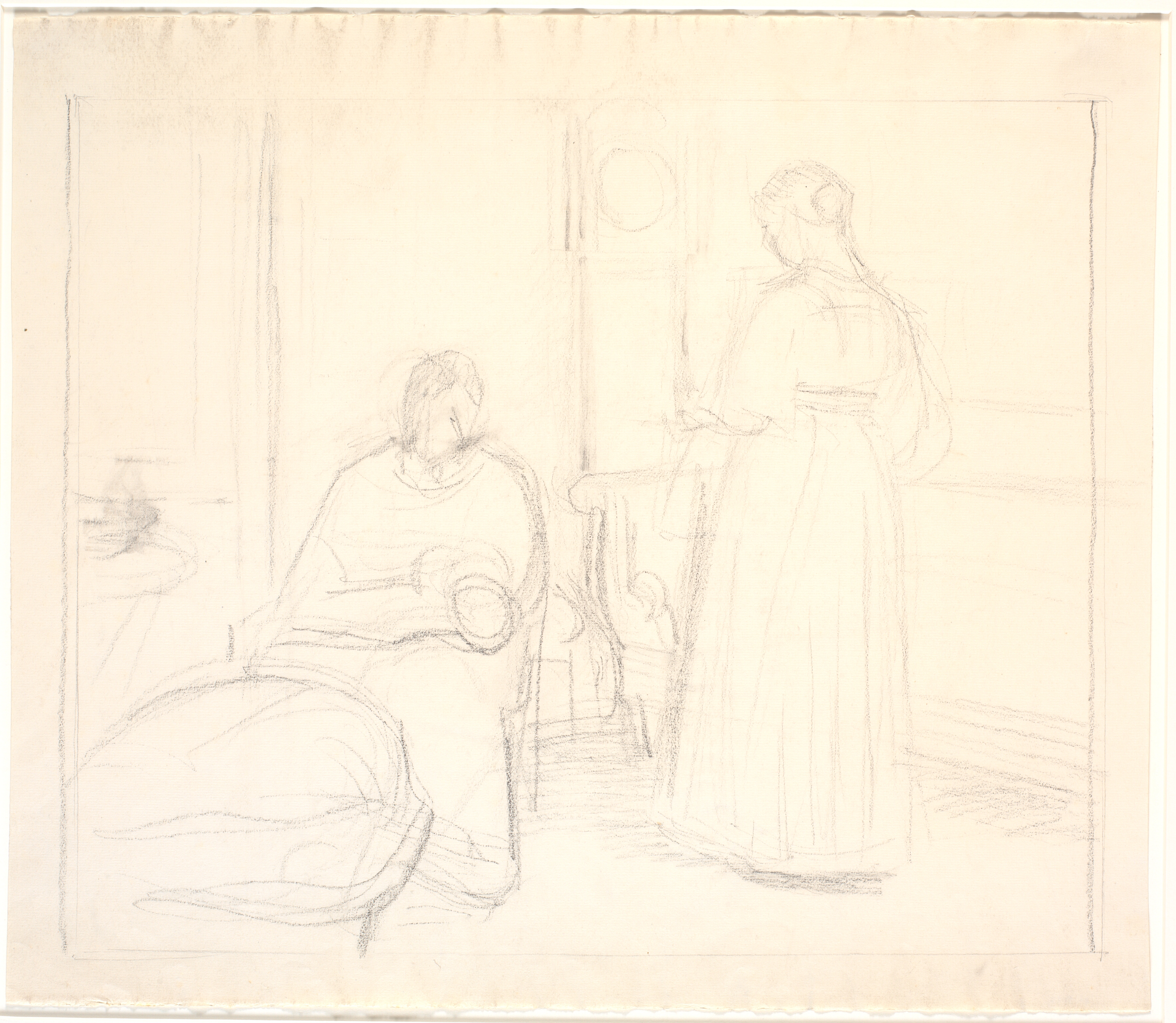 Interiør med ur og siddende og stående kvinde