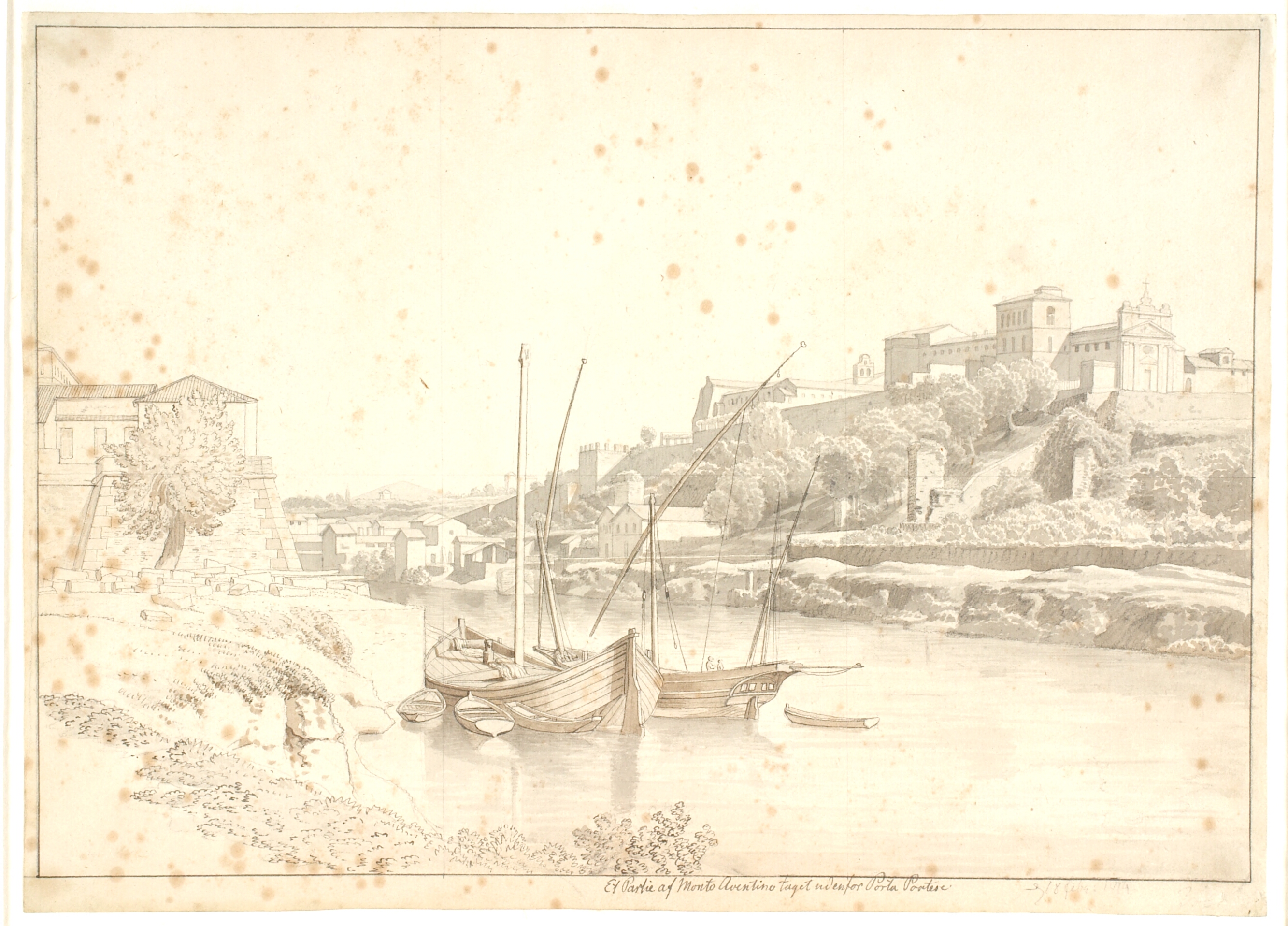 Udsigt over Tiberen ved Porto di Ripa Grande uden for Porta Portese mod Marmorata og kirkerne på Monte Aventino, Rom