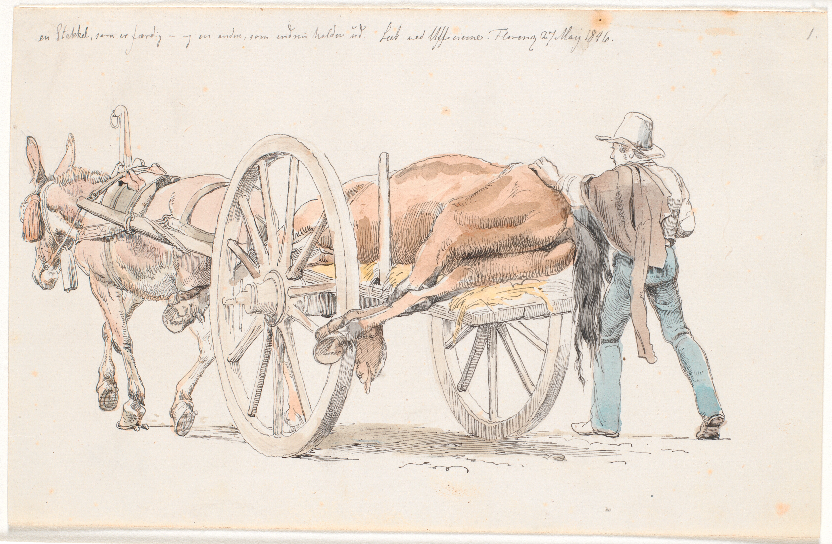 En død hest køres bort på en æselkærre