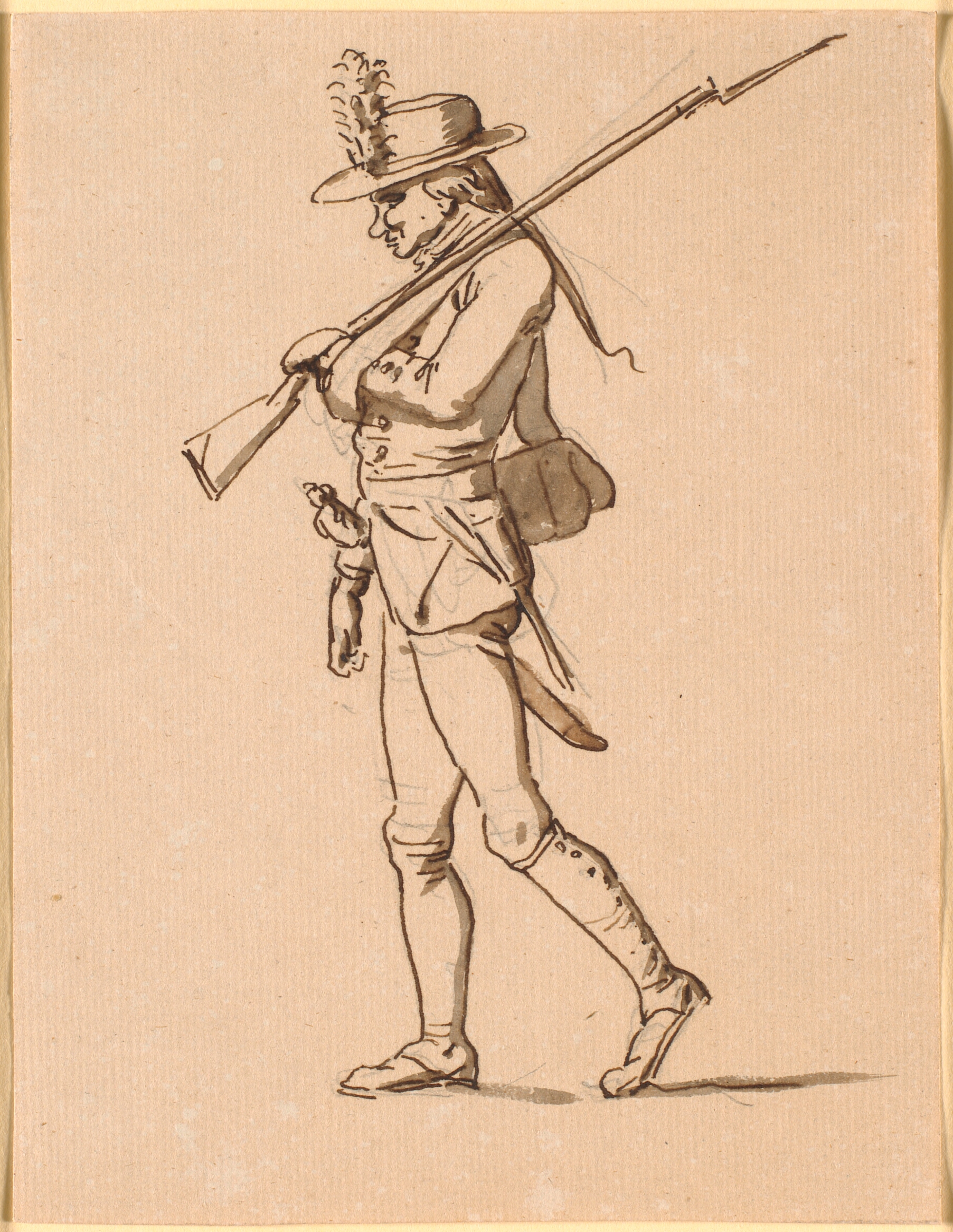 Karikatur af en soldat i profil til venstre. Hans venstre arm ligger i bind, men bærer dog et gevær.