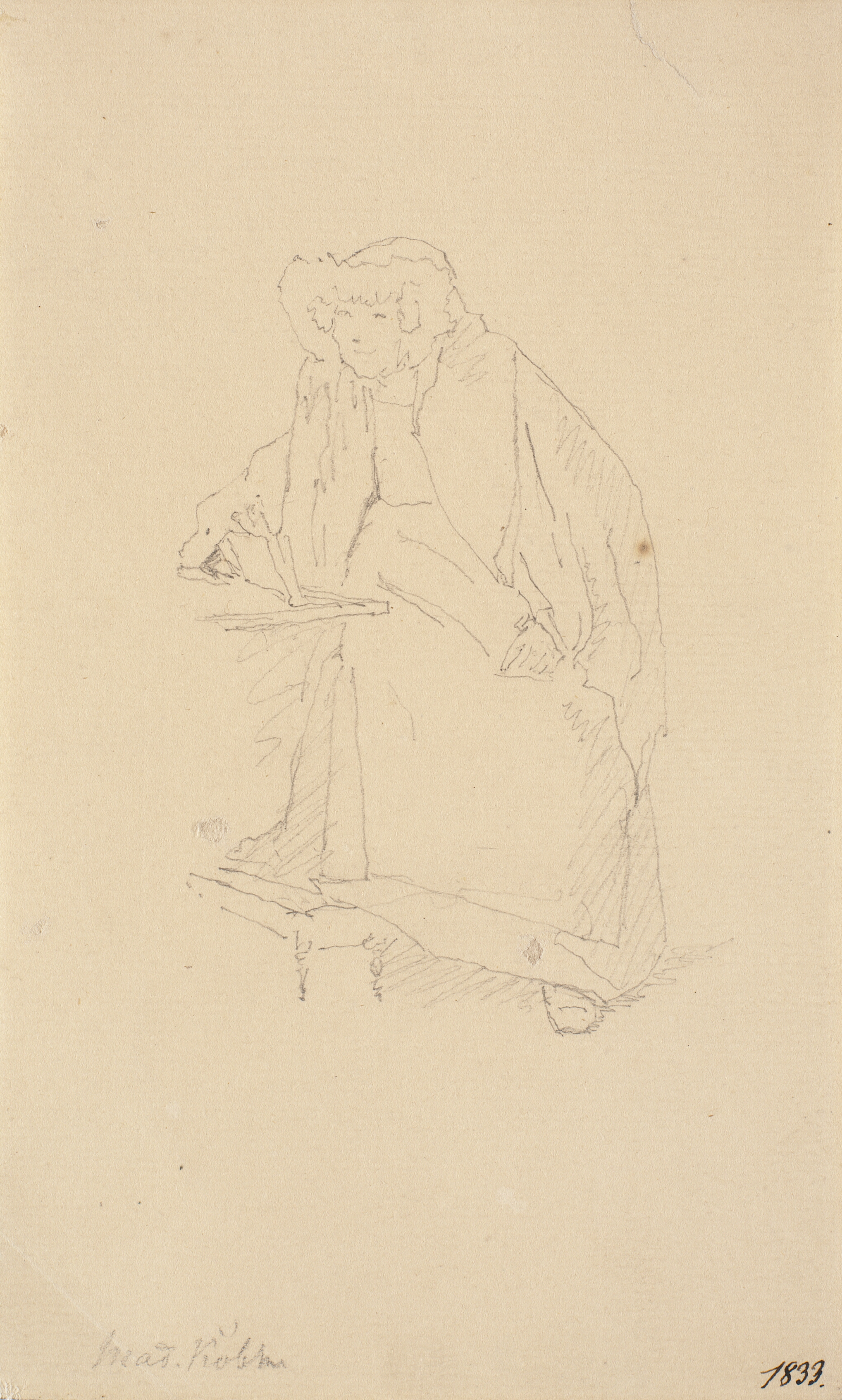 Kunstnerens moder Cecilie Margrethe Købke, siddende ved et bord holdende en bog i hånden