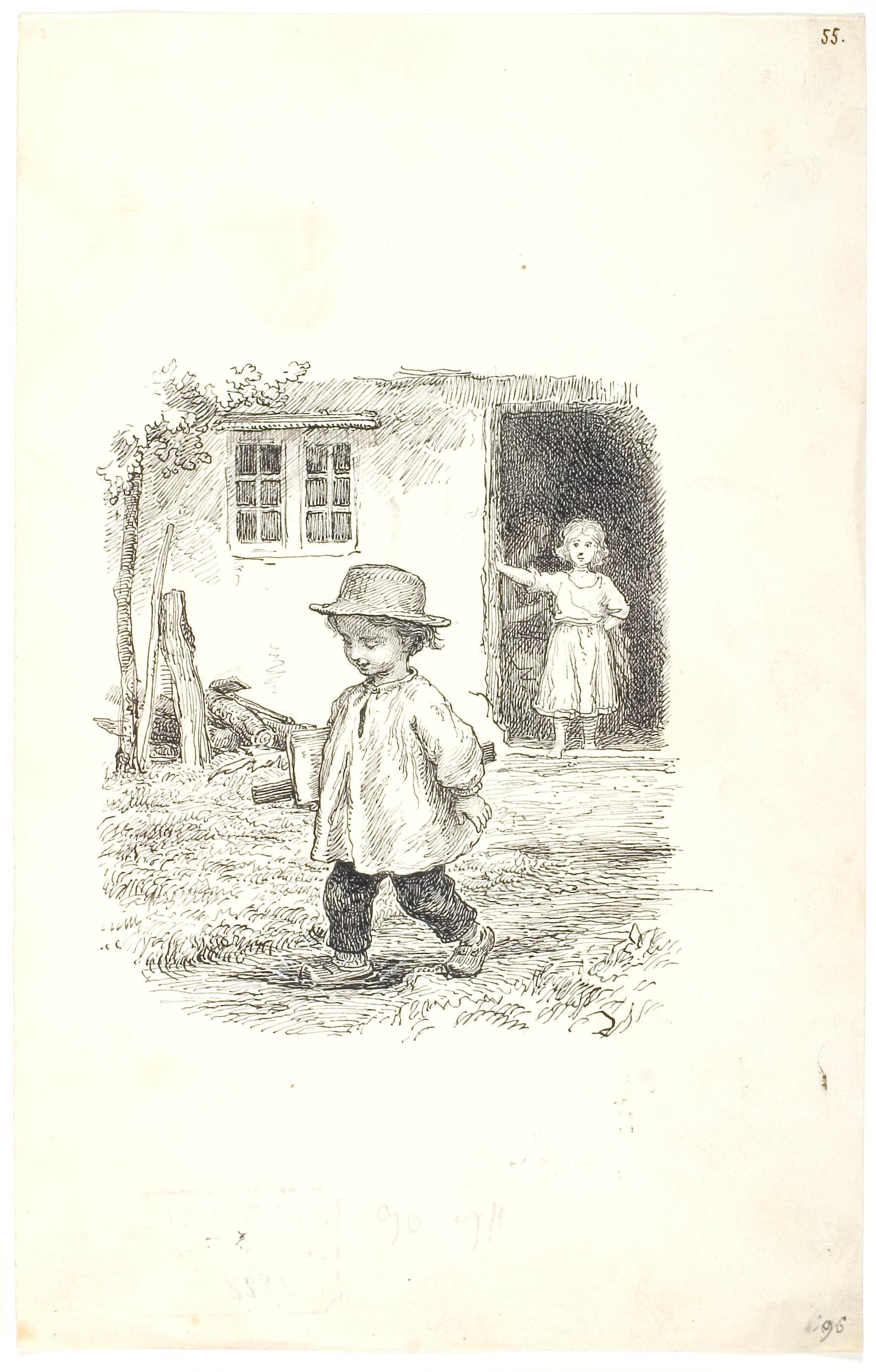 Lille dreng på vej i skole. Lille pige i en dør