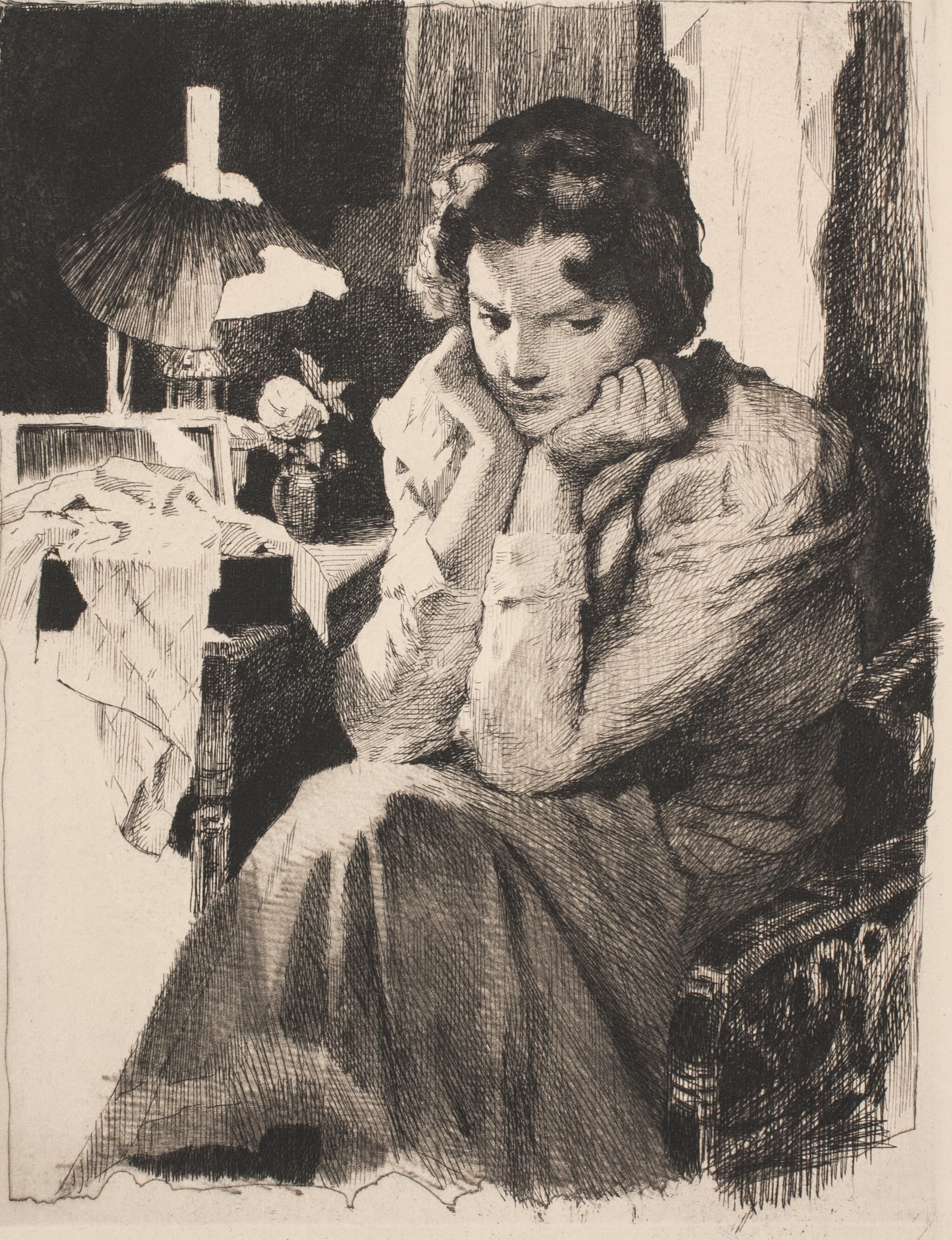 Ung pige ved sin lampe, støttende hovedet i begge hænder