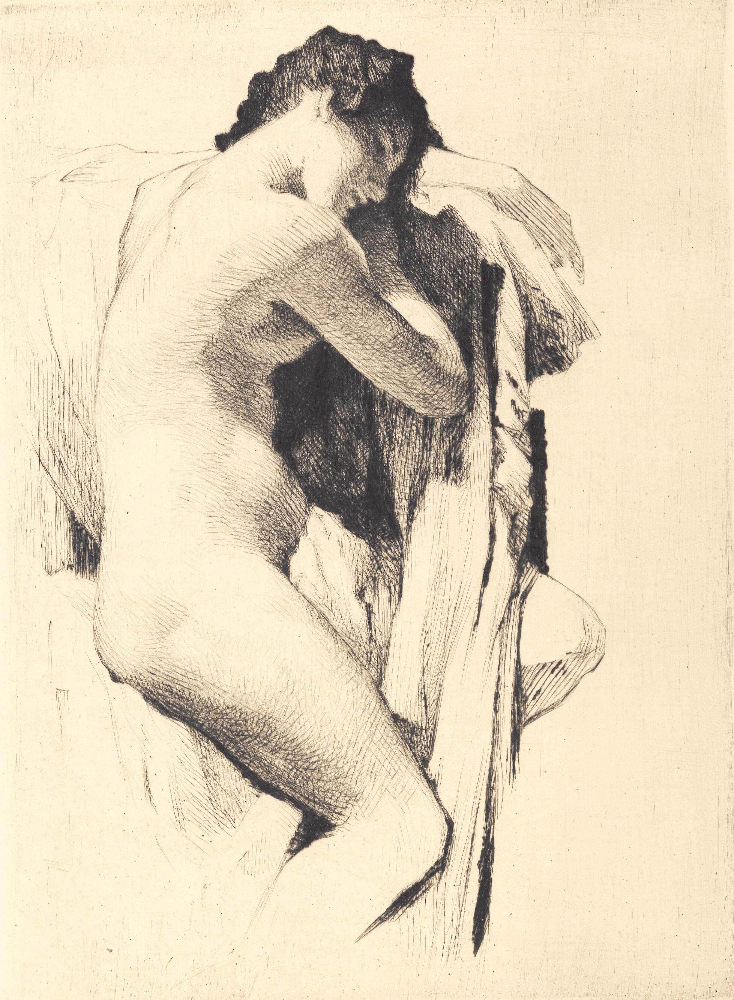 Siddende ung nøgen kvinde med hovedet hvilende over den ene arm