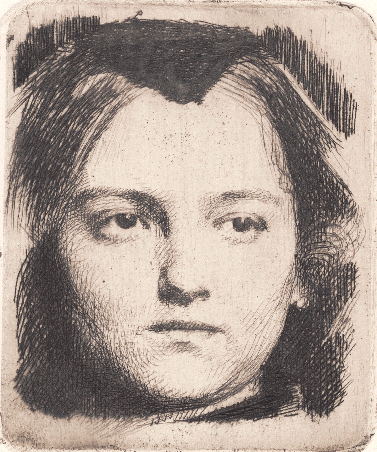 Ungt kvindehoved, en face, med snip. Prøveplade