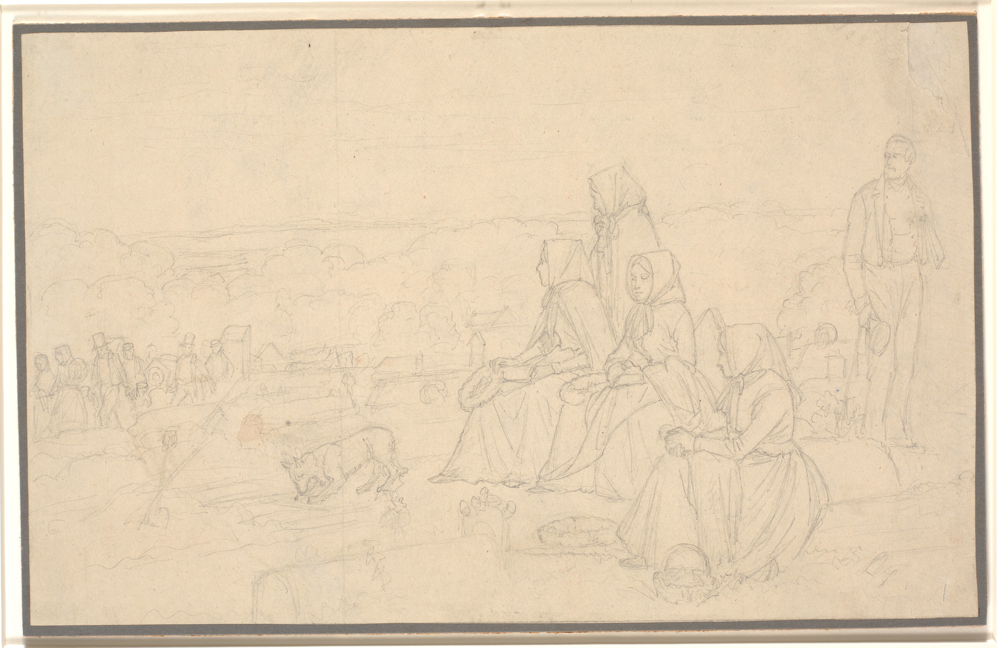 En ligfærd. Ved graven, i forgrunden venter kvinderne for at pynte den. Motiv fra det nordlige Sjælland