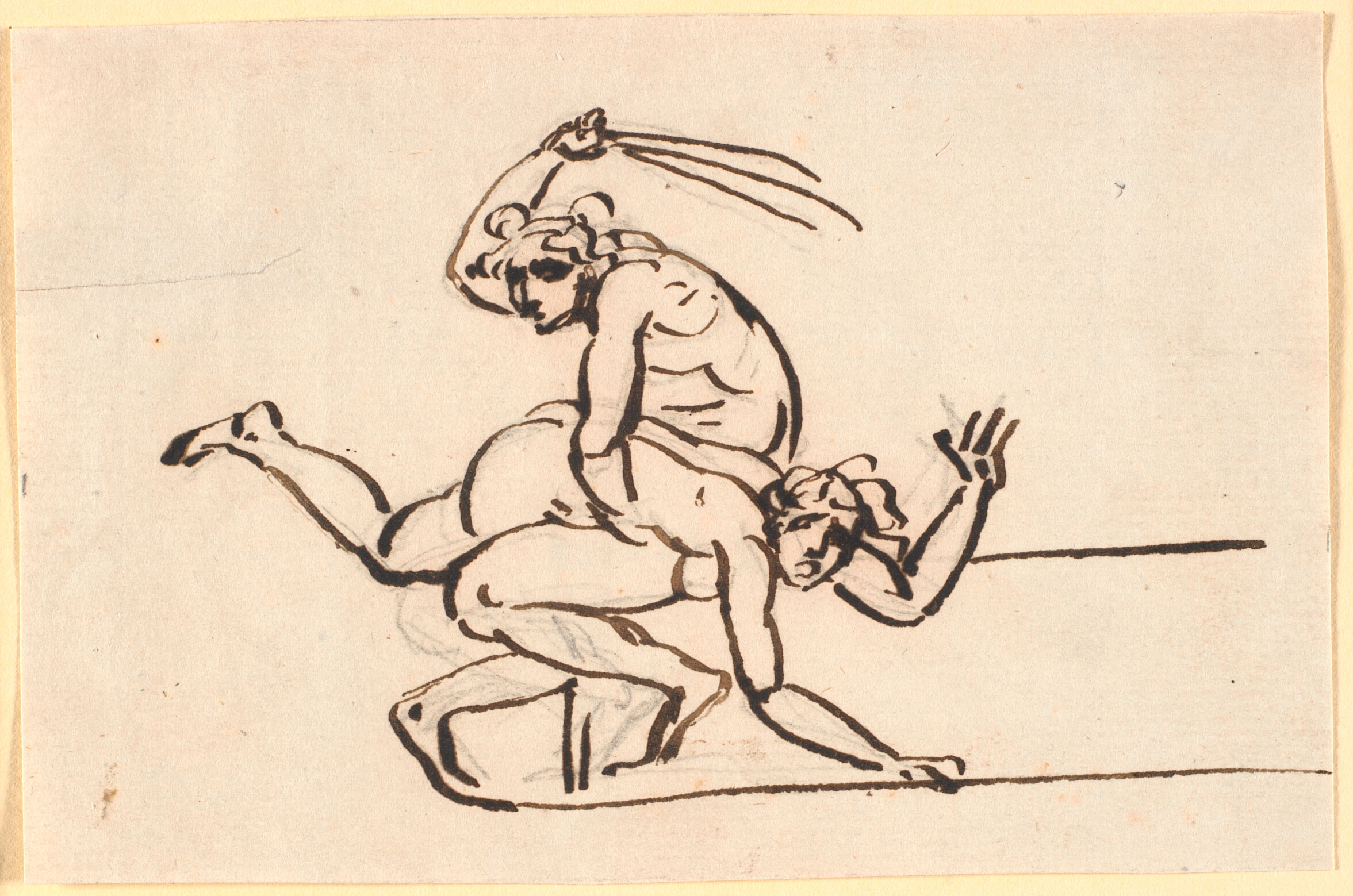 En siddende nøgen figur, der svinger riset mod en nøgen kvindes bag