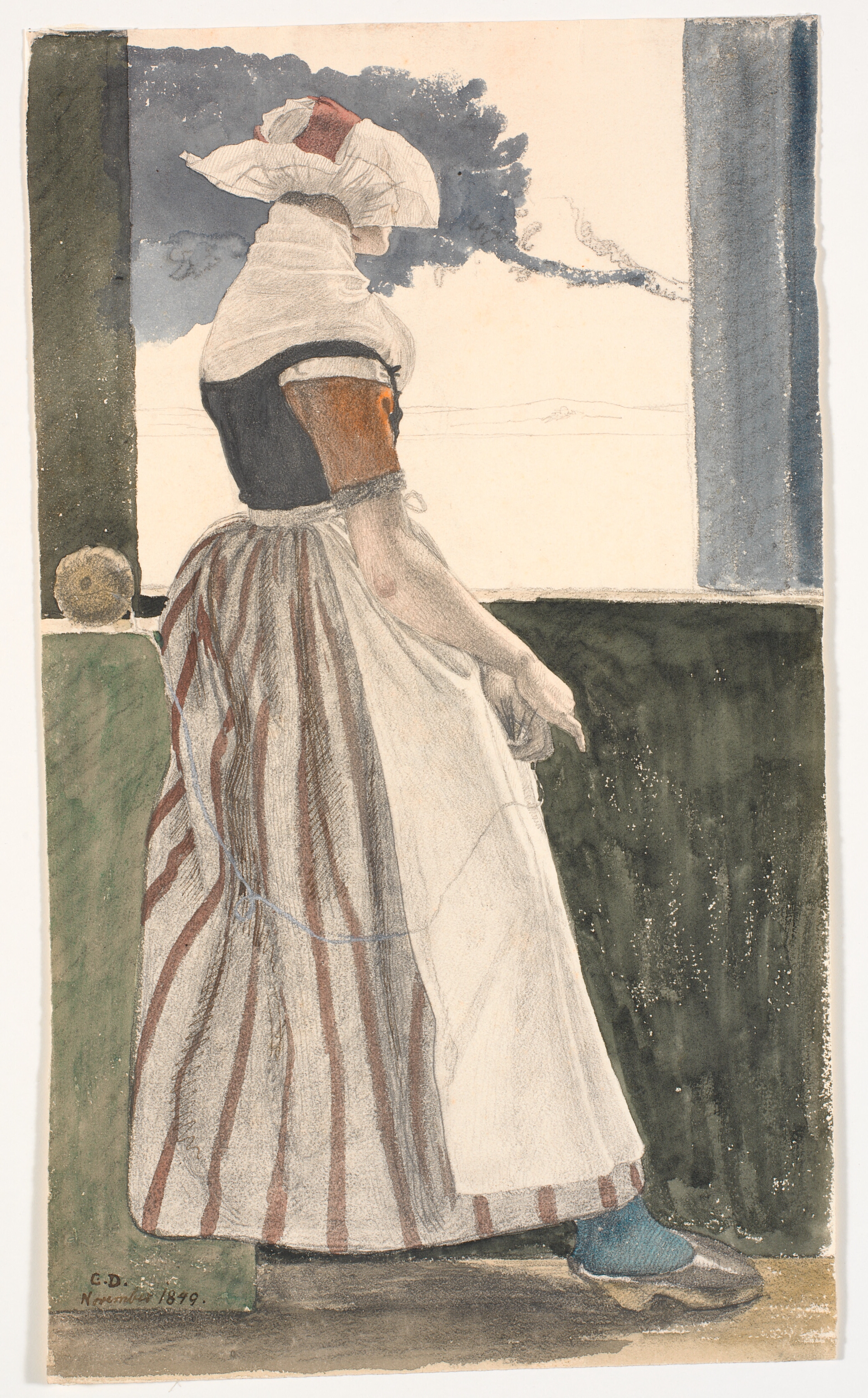 Ung strikkende pige i Sallingdragt, ser ud af et vindue