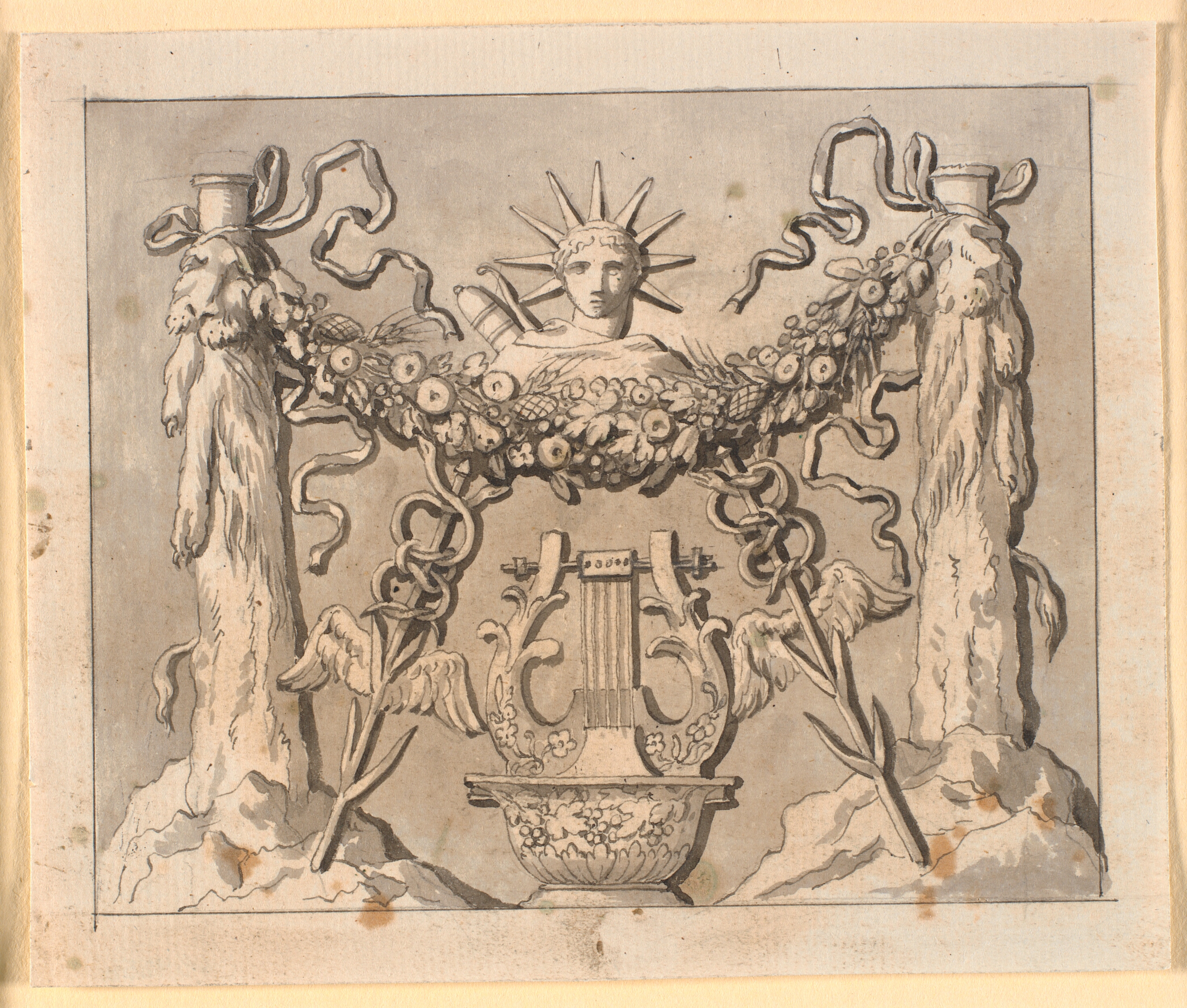 Dekorativ komposition med Herakles-støtterne, Apollos hoved og forskellige attributter