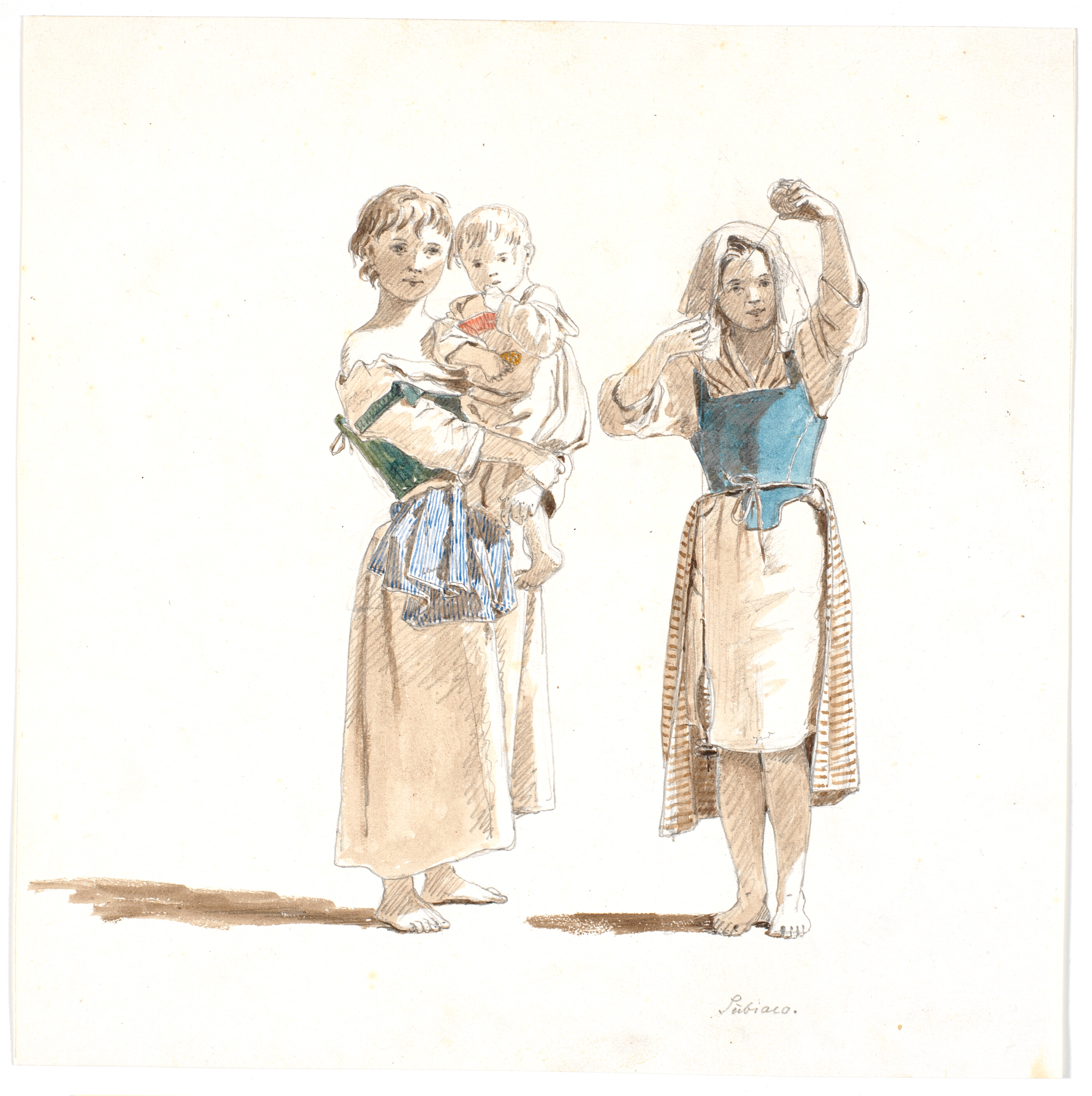 To italienske piger, den ene med et barn på armen