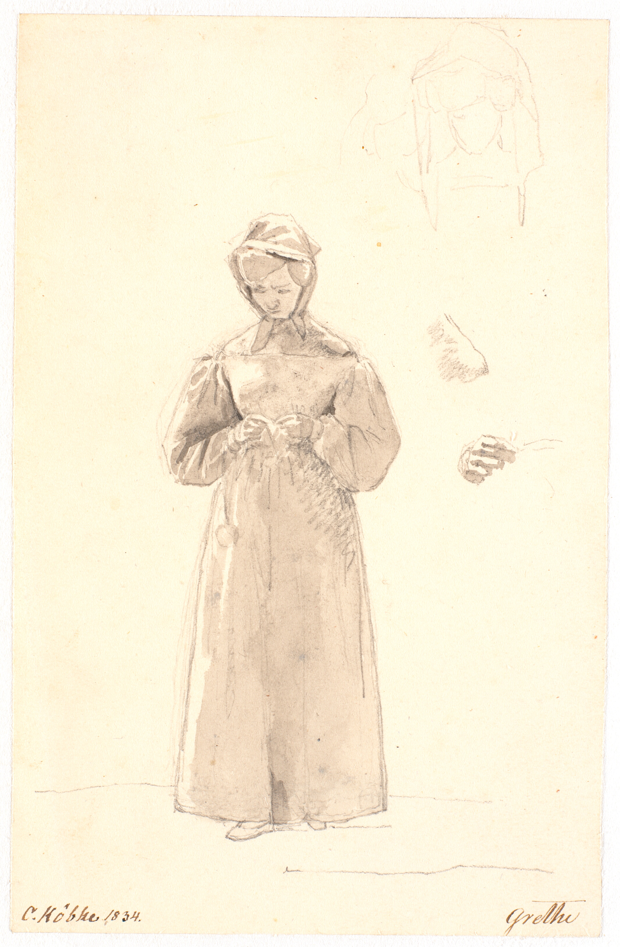 Studie af kunstnerens søster Cecilie Margrethe, t.h. to skitser af hendes hoved samt skitser af hendes hals og skulder og af hendes højre hånd