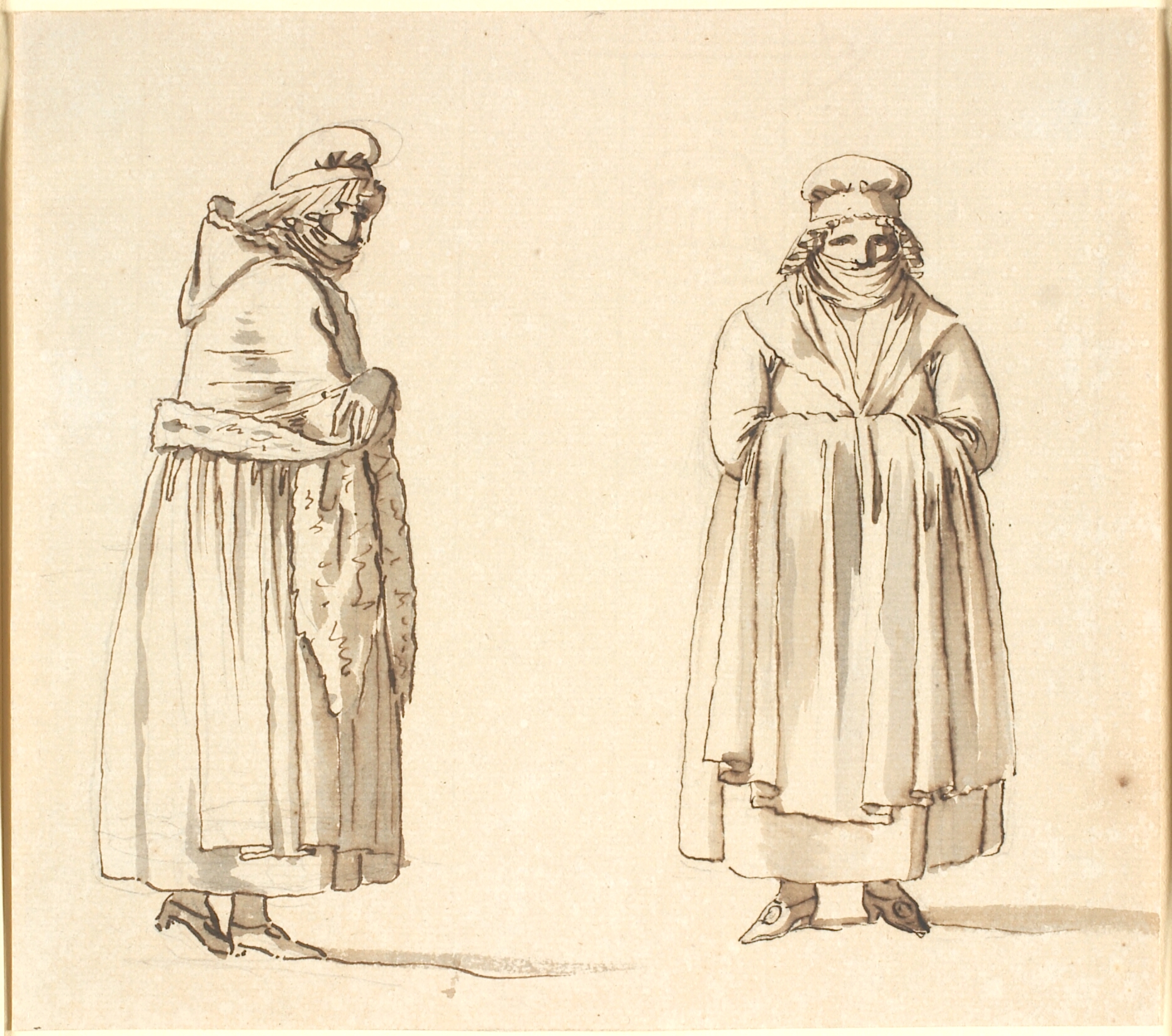 To almuekoner med tørklæder for munden, den ene i profil den anden set forfra