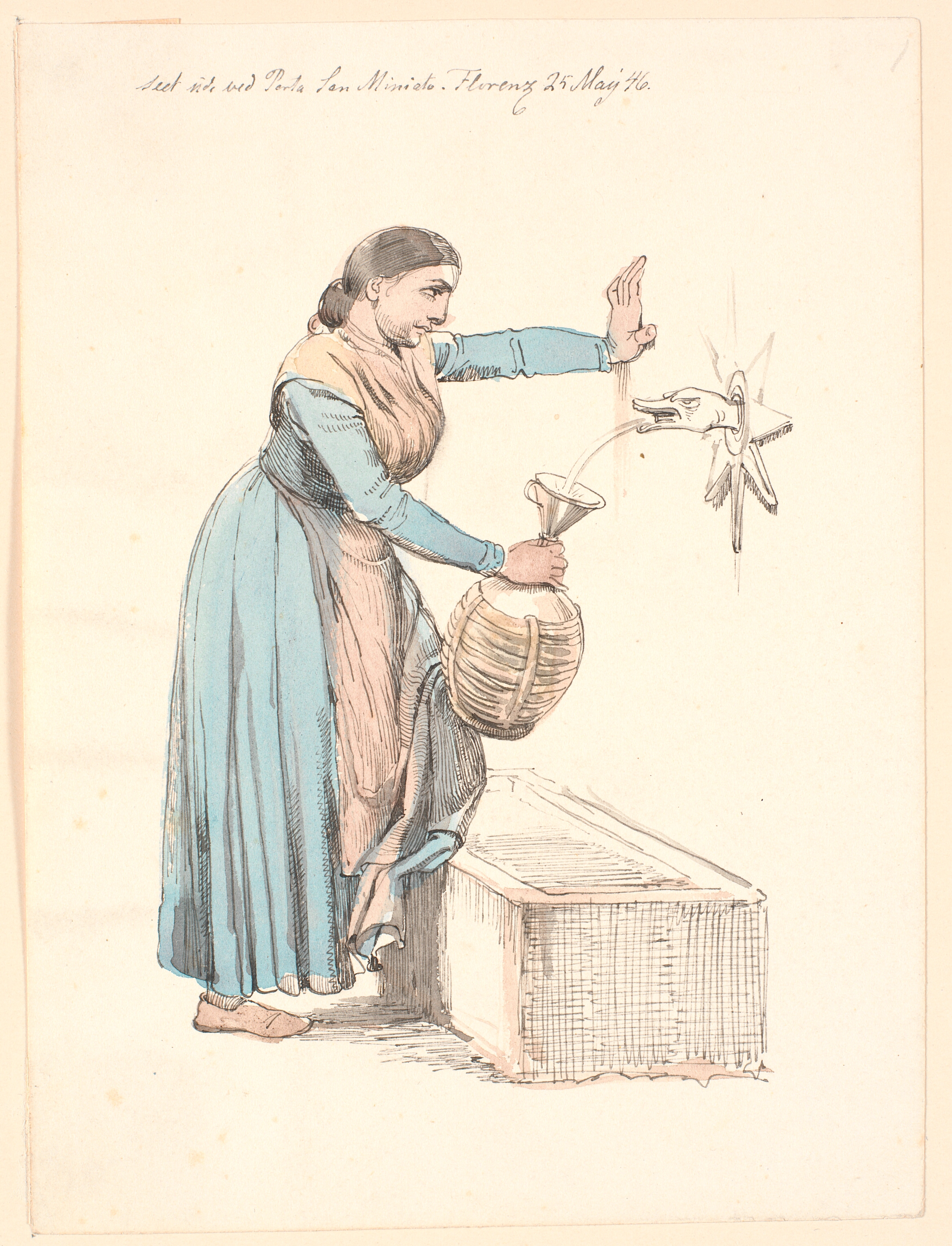 Italienerinde der henter vand ved en fontæne