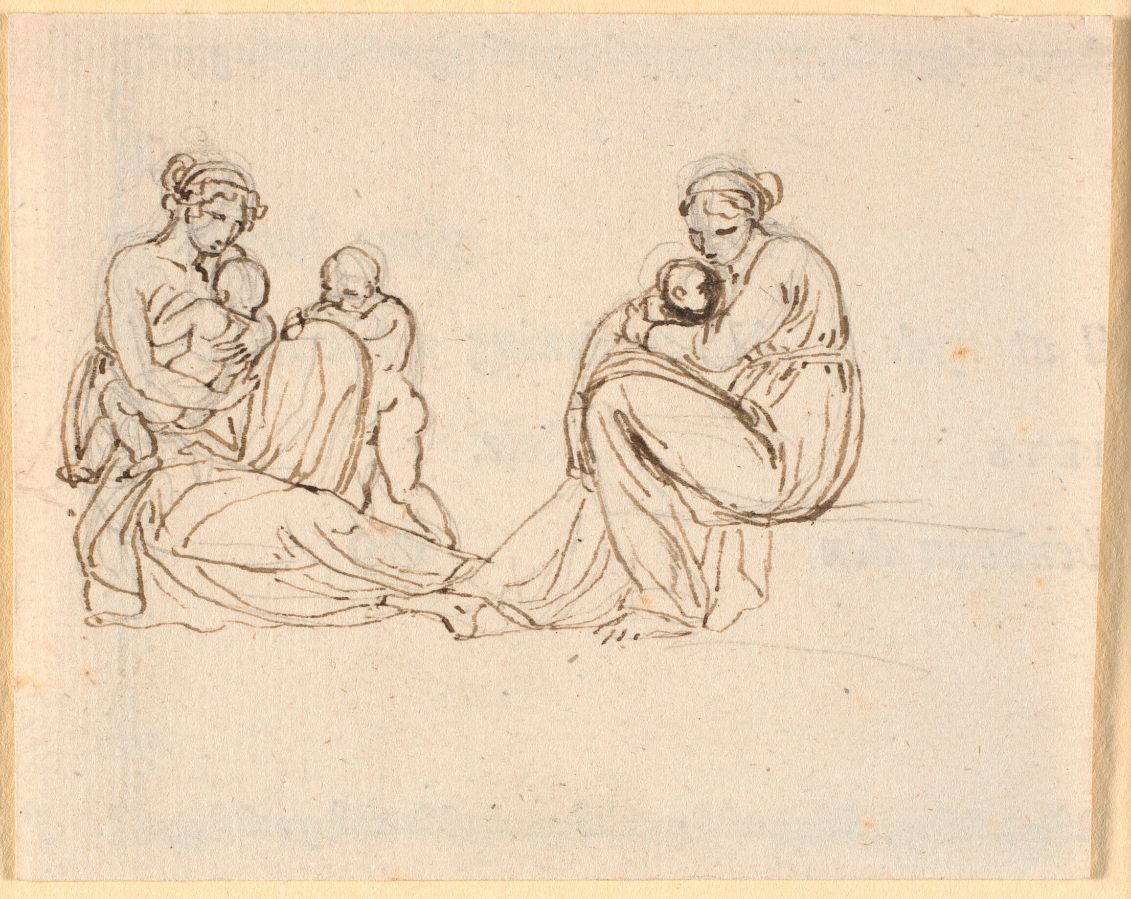 To udkast af en moder med små børn i favnen