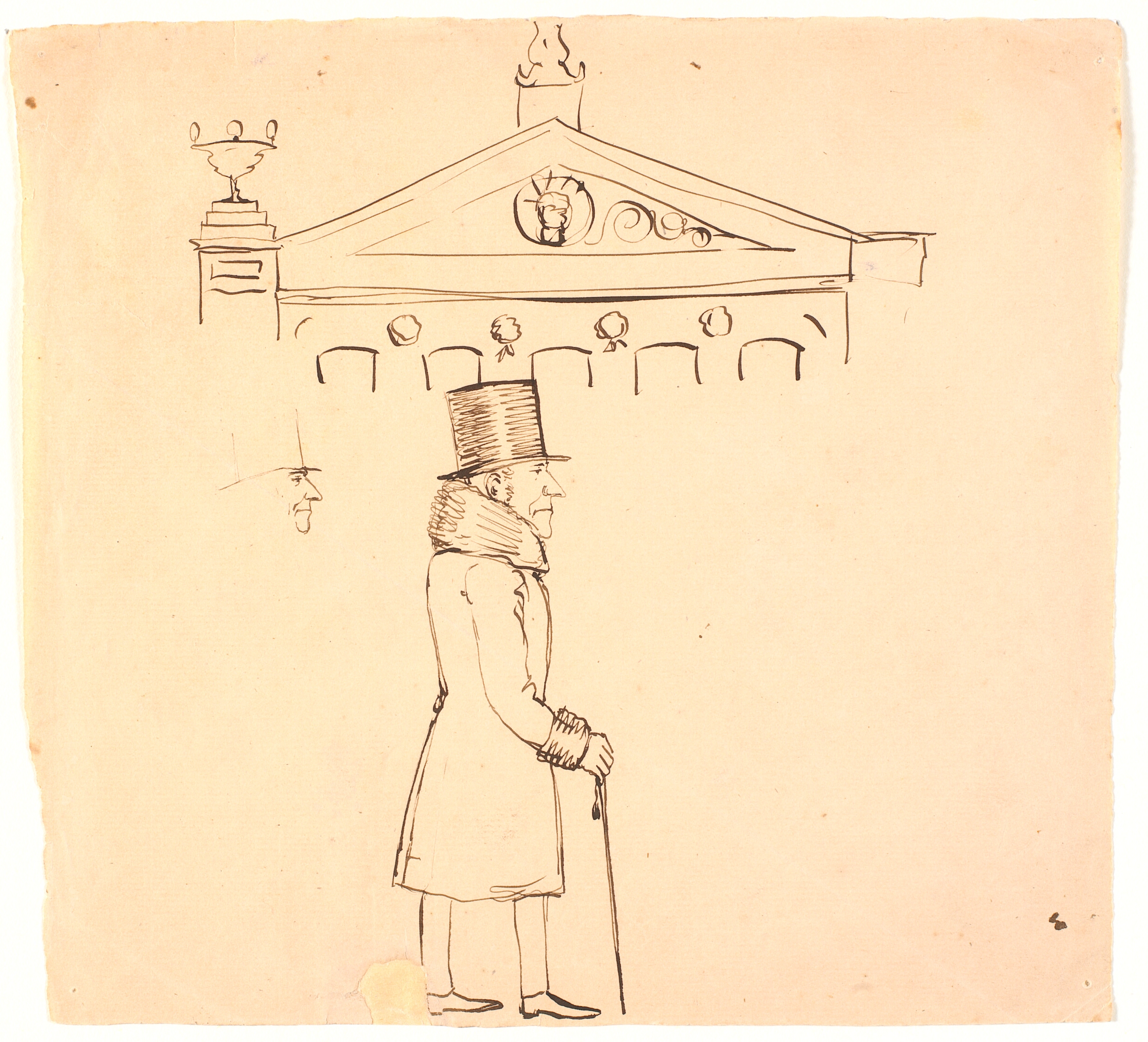 Karikatur af en pelsklædt herre udenfor Casino.