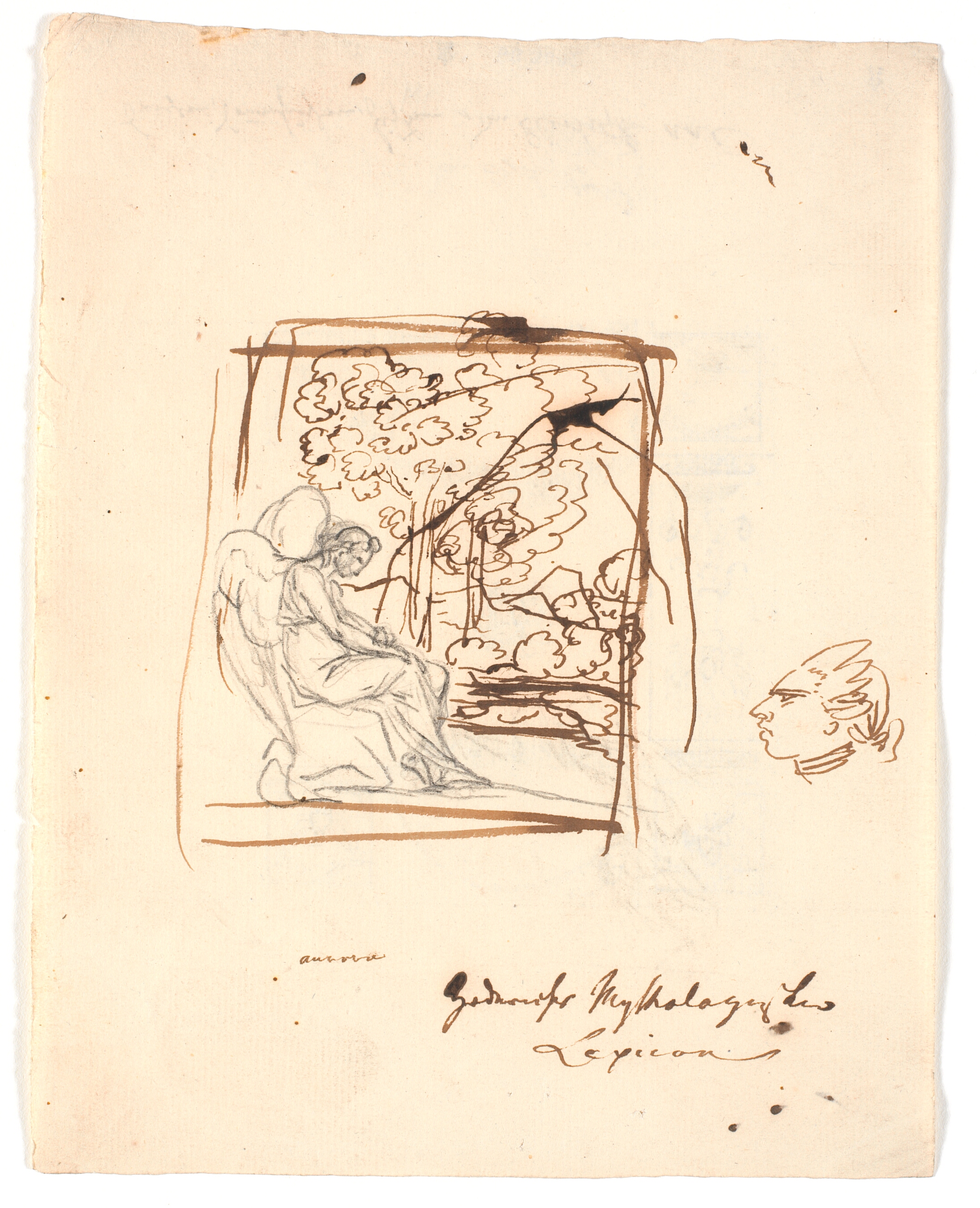 Siddende vinget genius, i baggrunden træer; i højre side et karikeret hoved