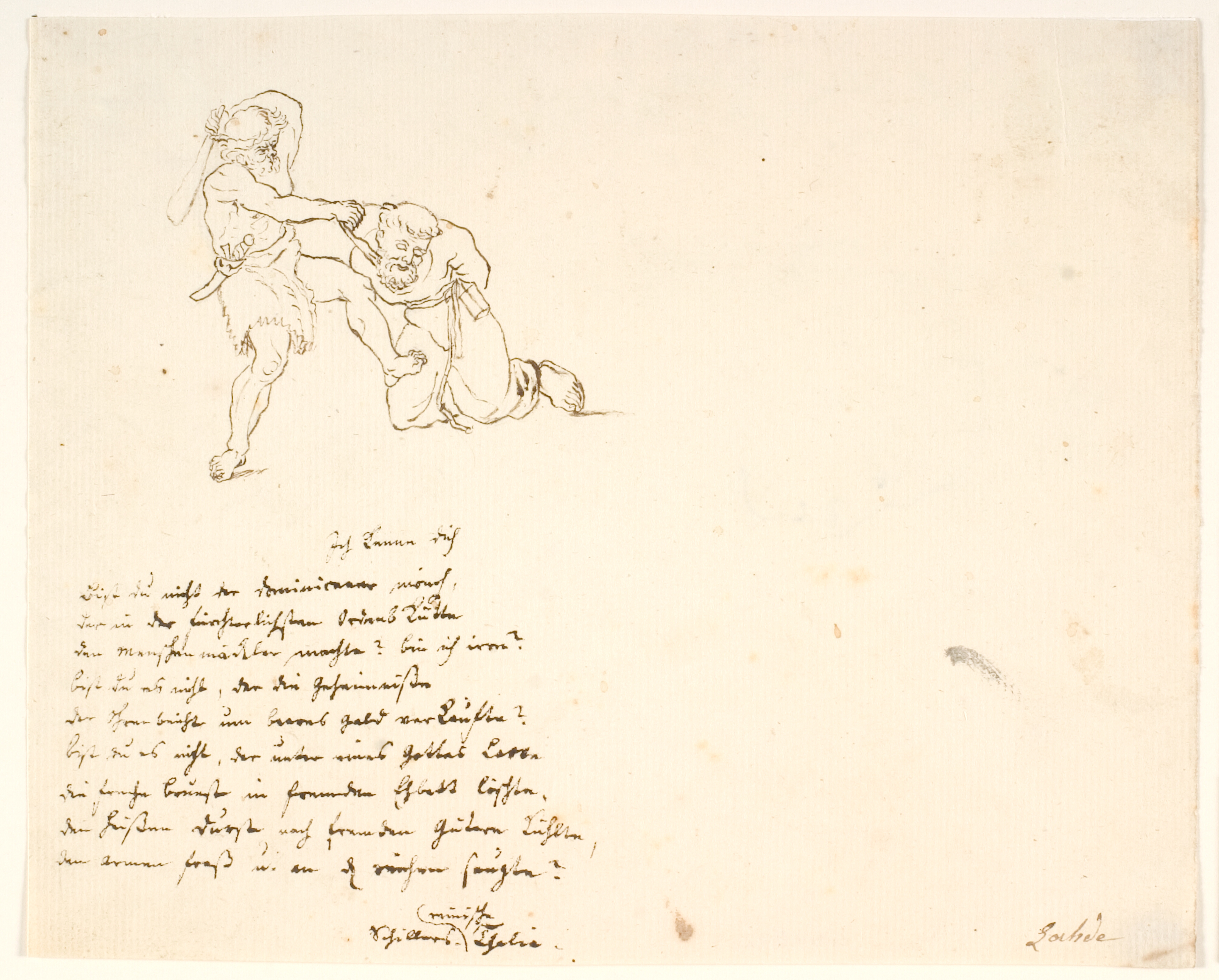 En munk prygles med en knippel af en mand iført skind-lændeklæde