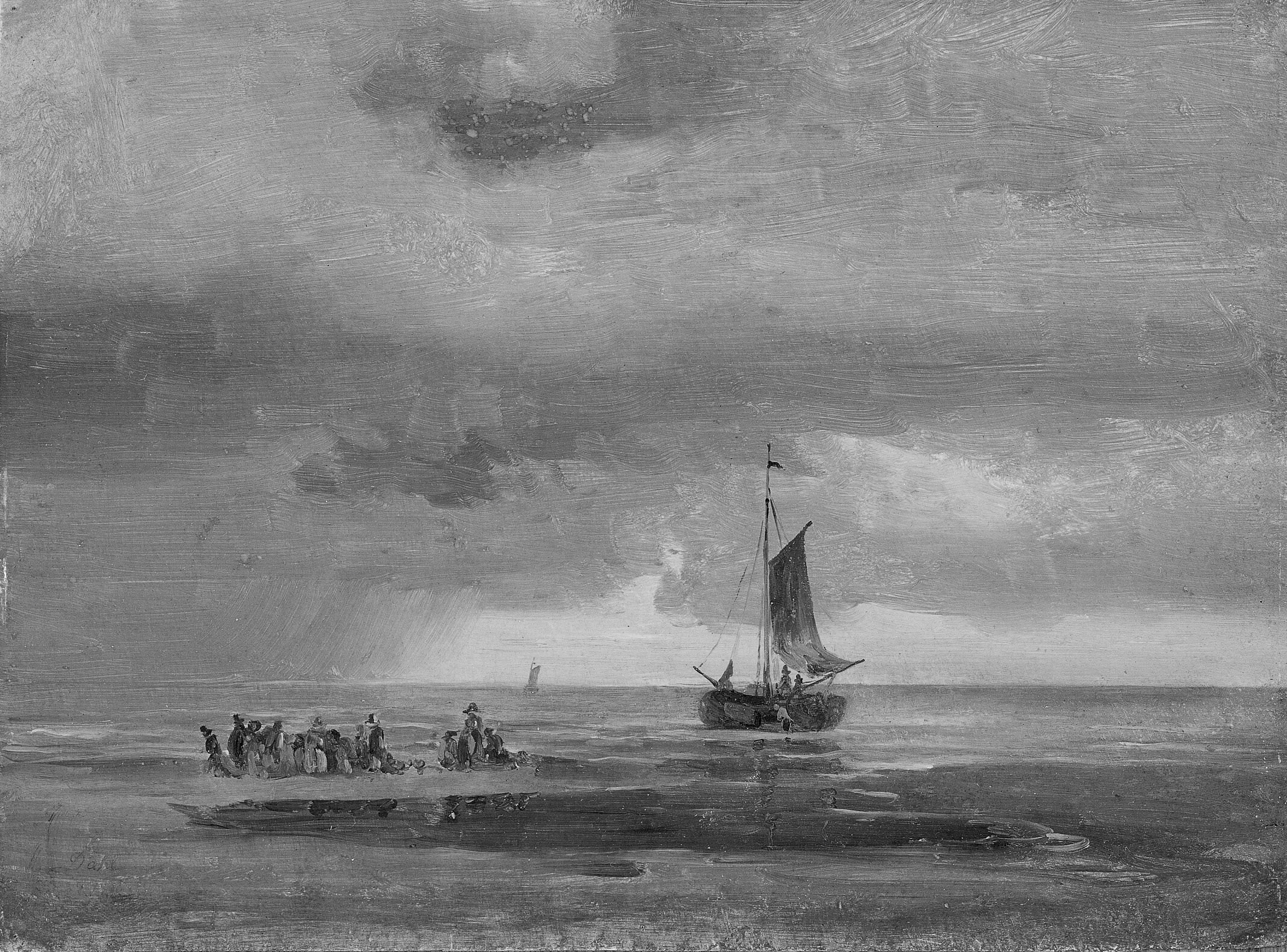 Flad strand ved solnedgang