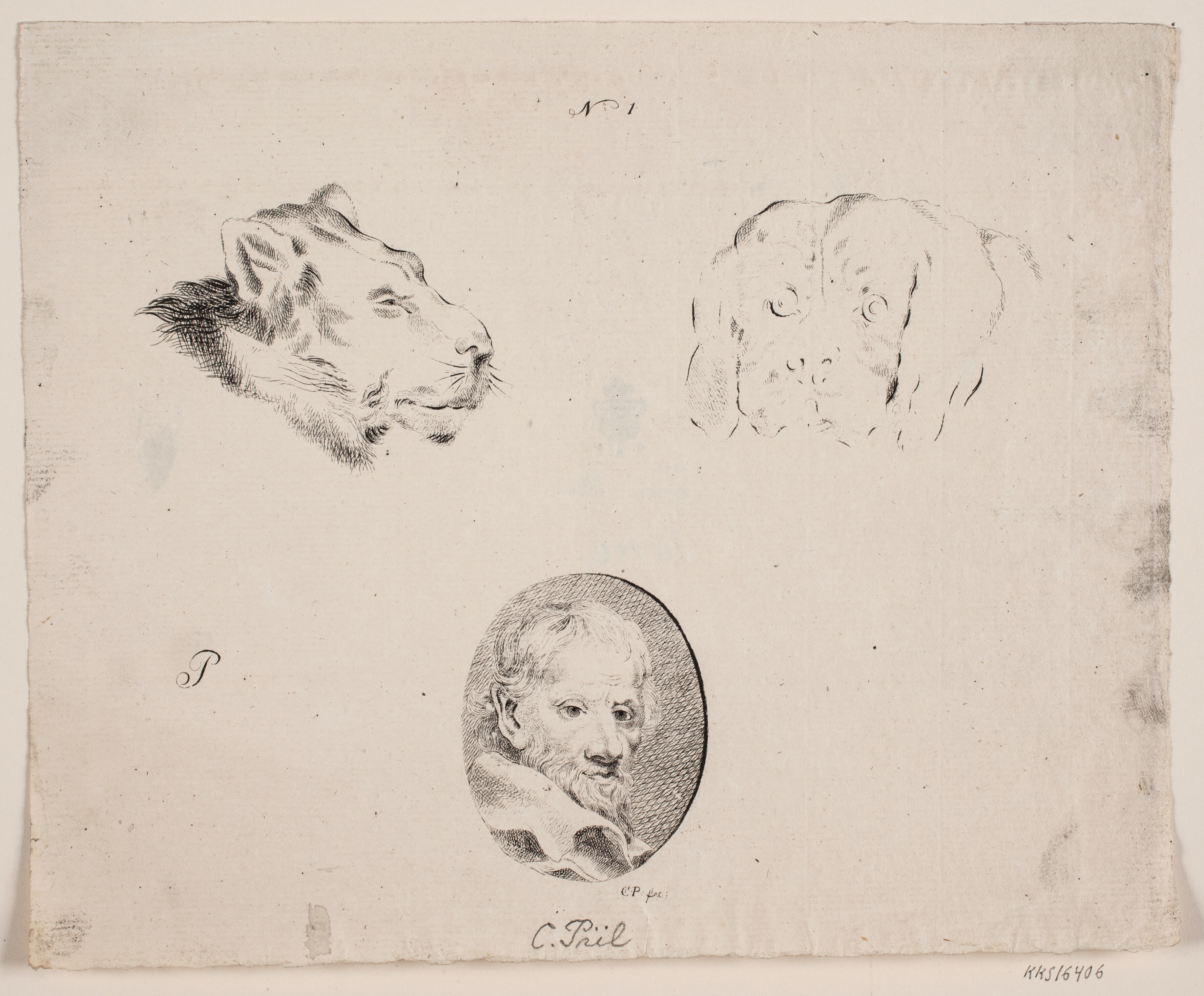 Prøveblad med mandshoved, løvehoved mm.