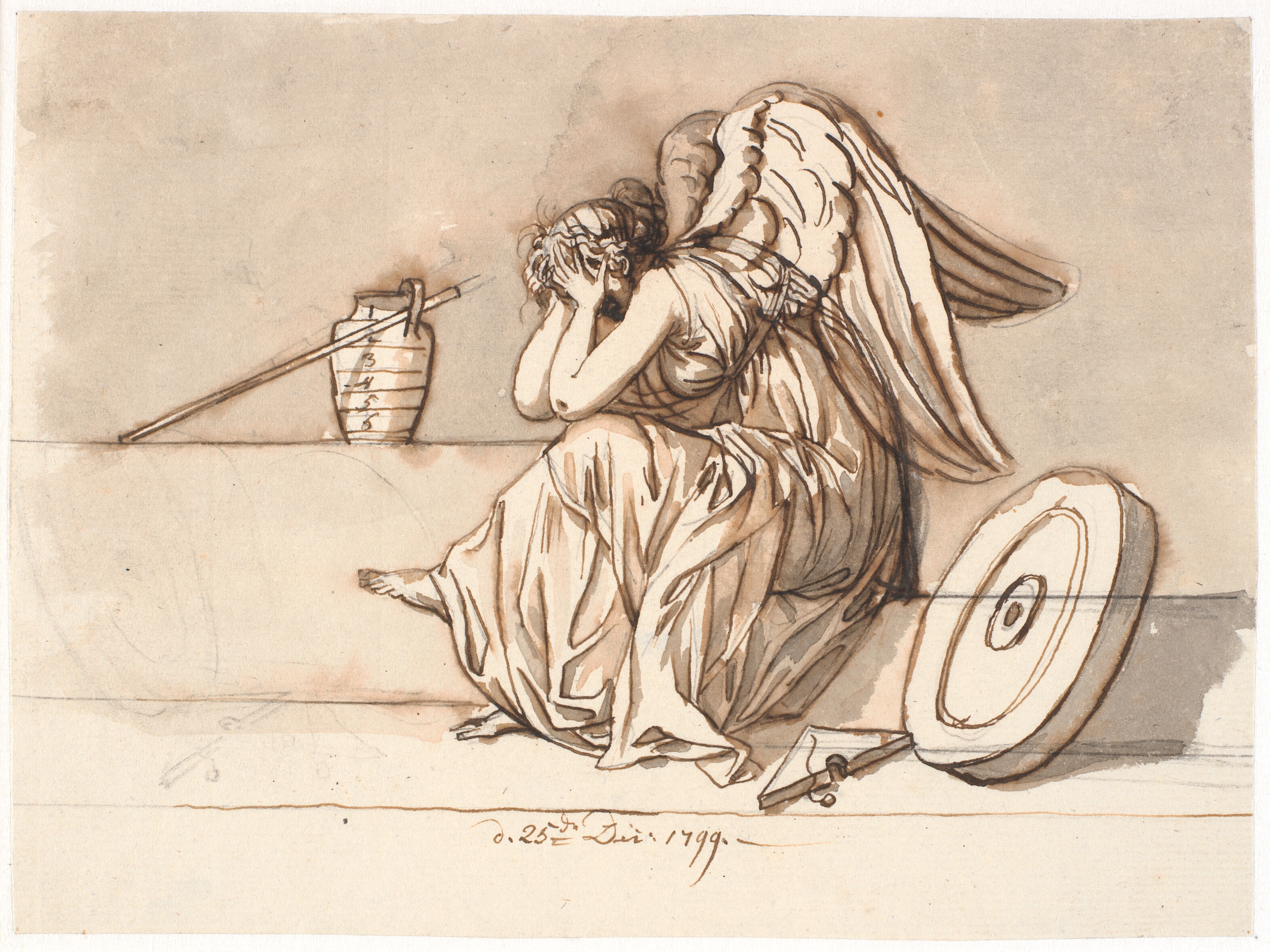 Nemesis, tildækkende sine øjne af sorg