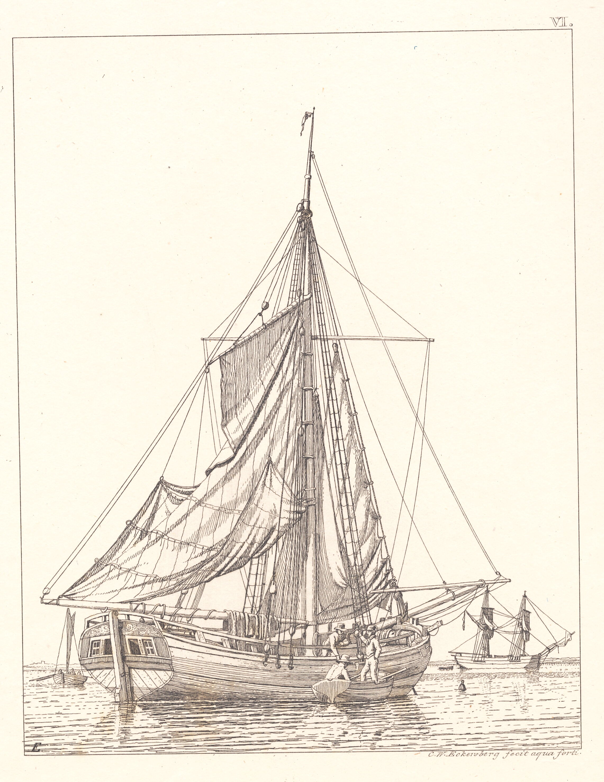 En dansk jagt som tørrer sejl i stille vejr