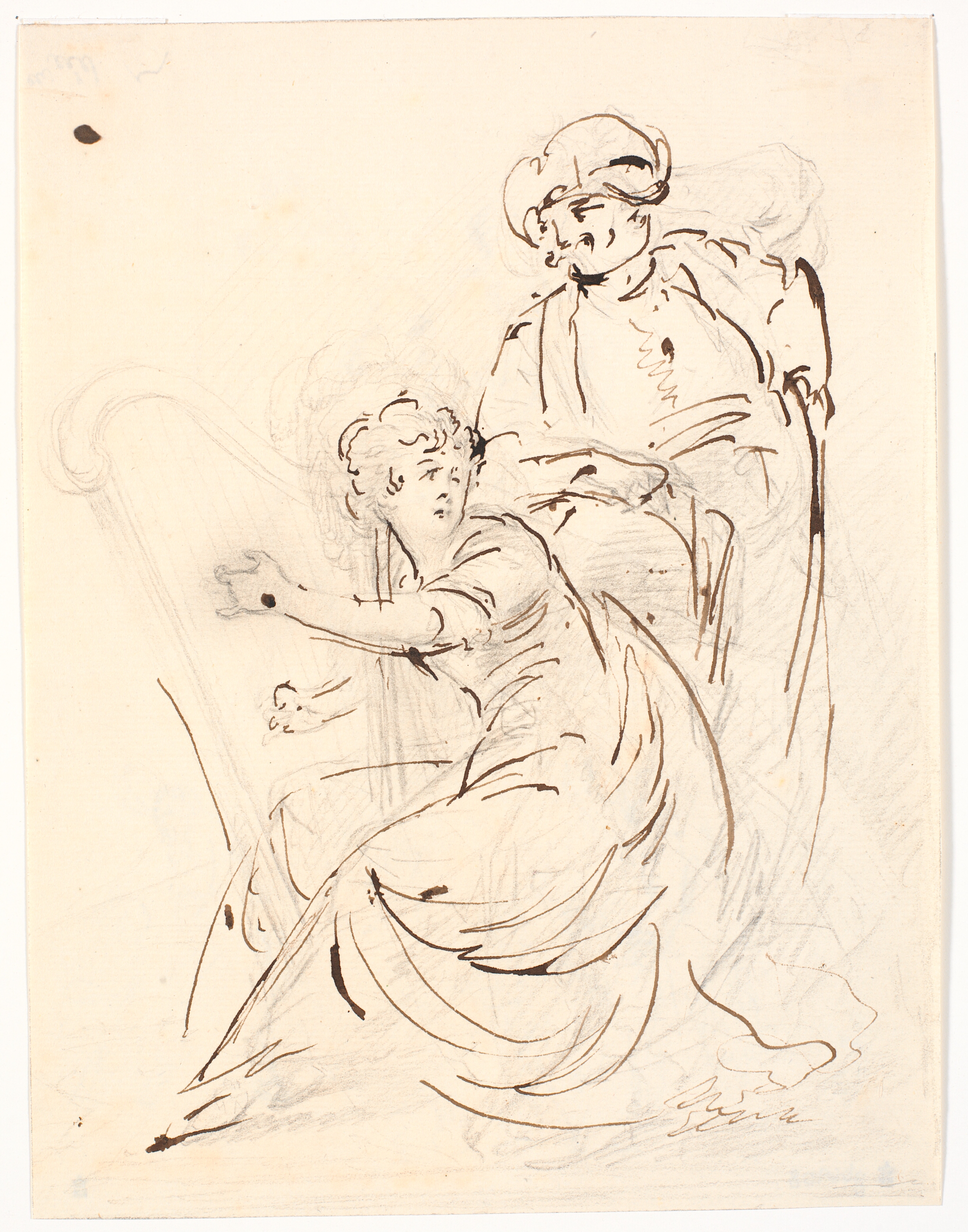 Harpespillende dame. Bag hende en turbanklædt mand