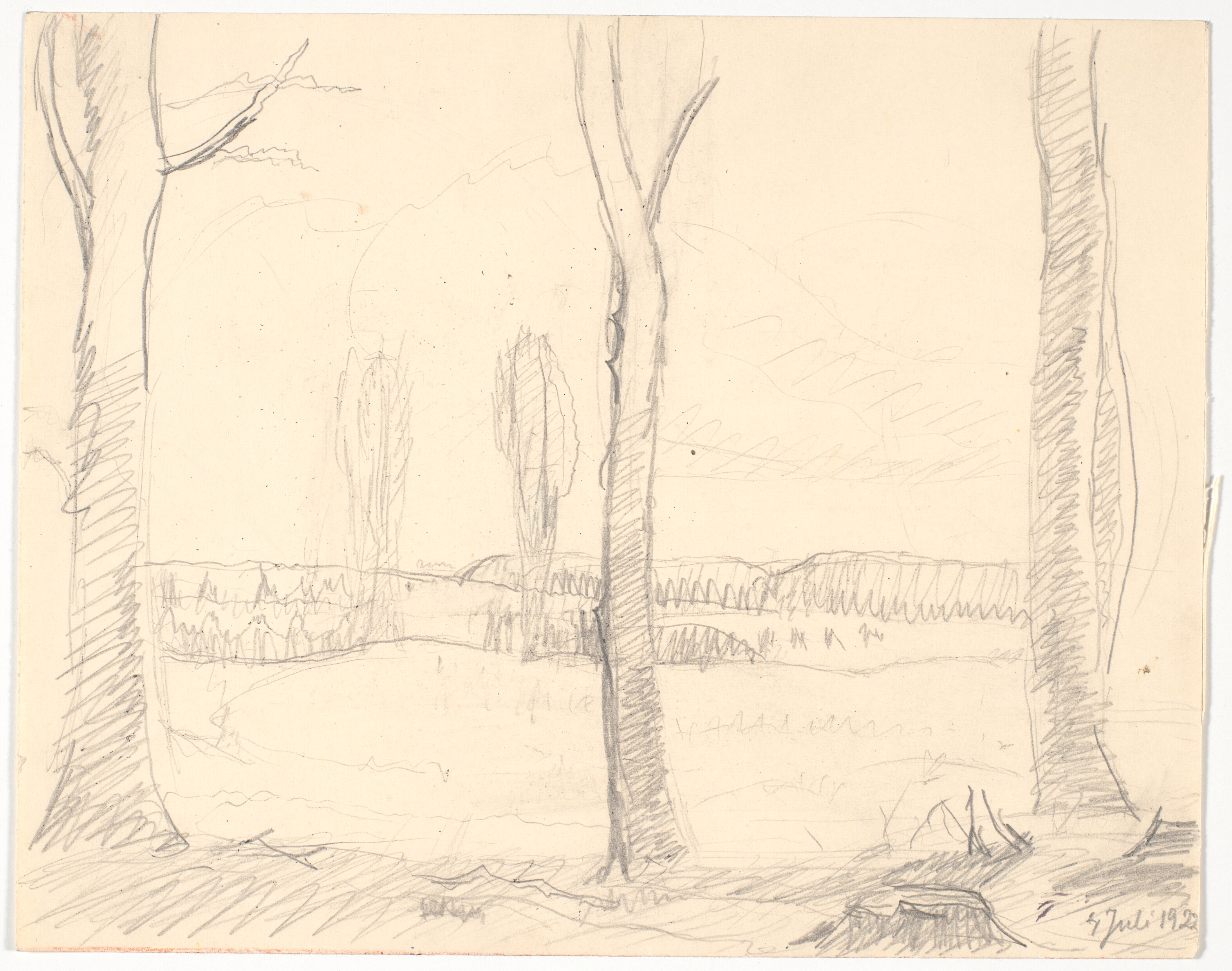 Landskab med tre træer i forgrunden