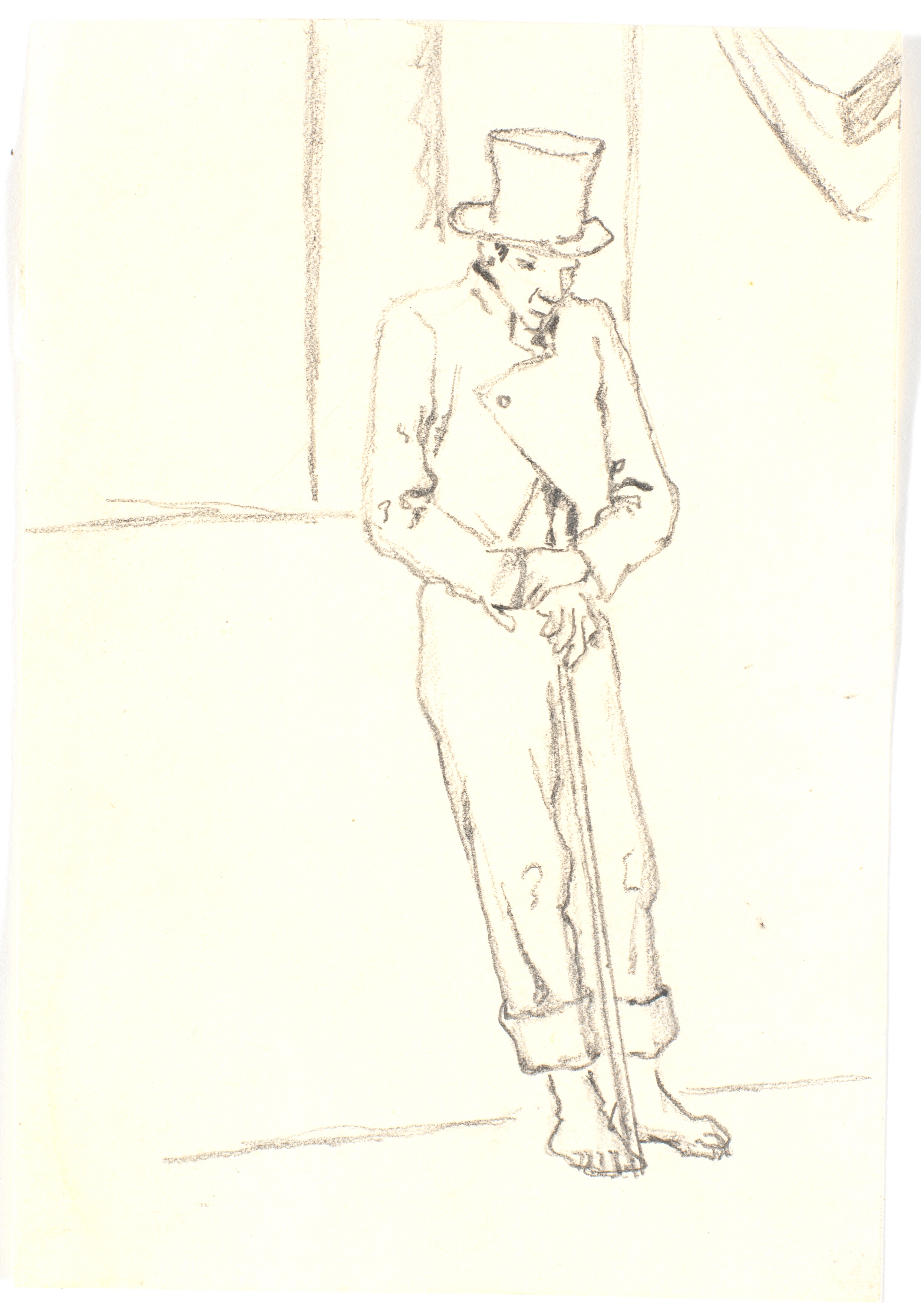 En mand med bare fødder, høj hat og stok læner sig mod en mur