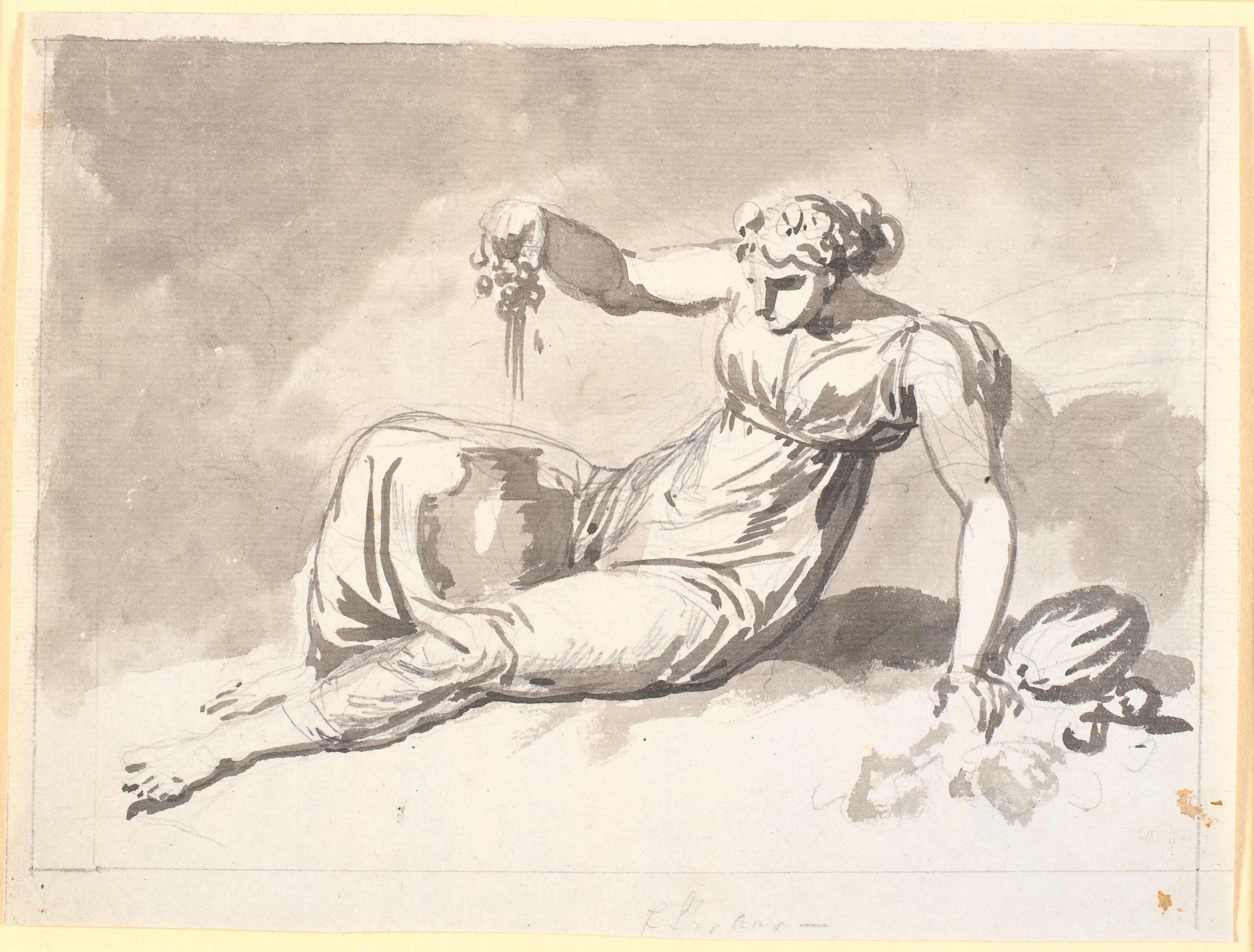 Efteråret, en siddende kvinde, der presser druer