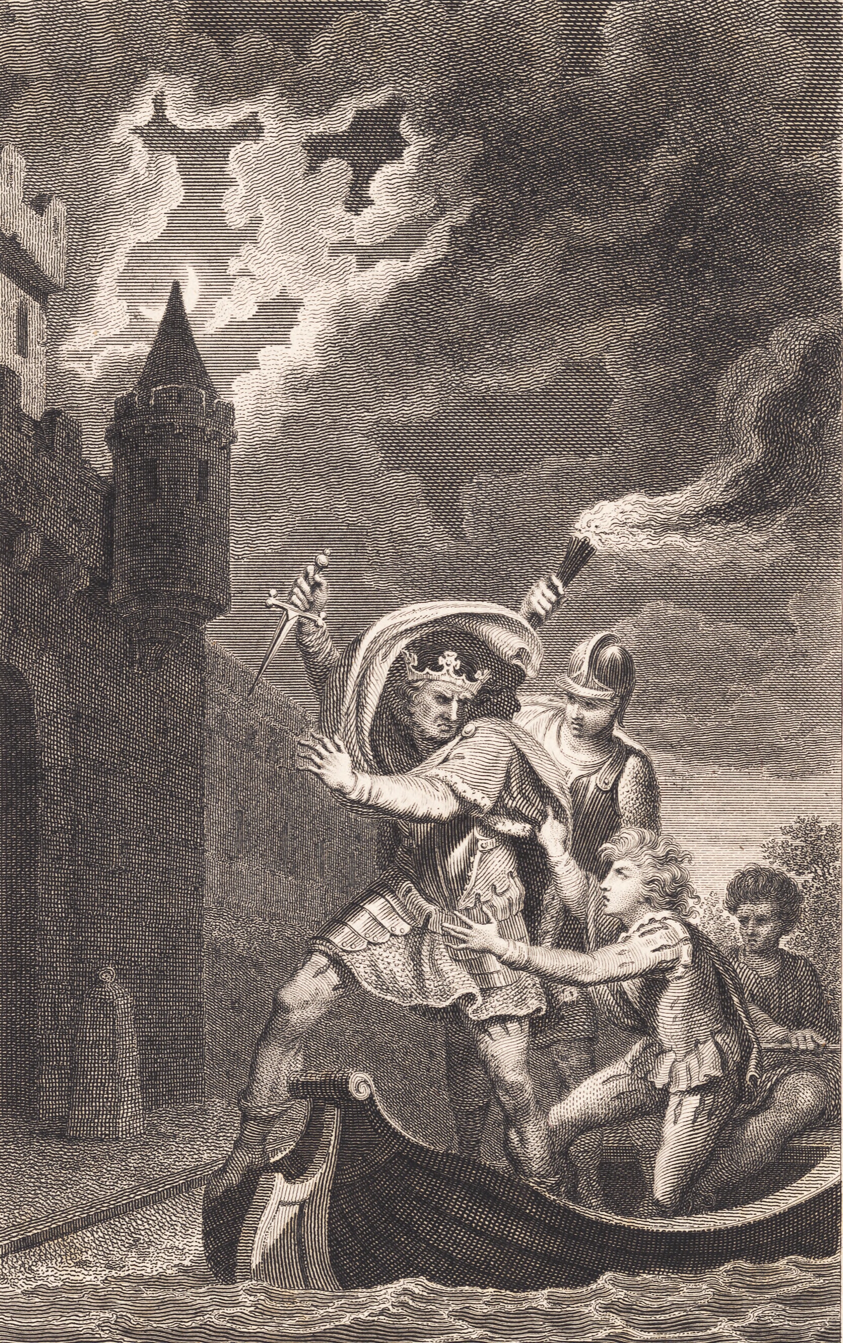 Illustration. En konge med løftet dolk og tre personer i en båd