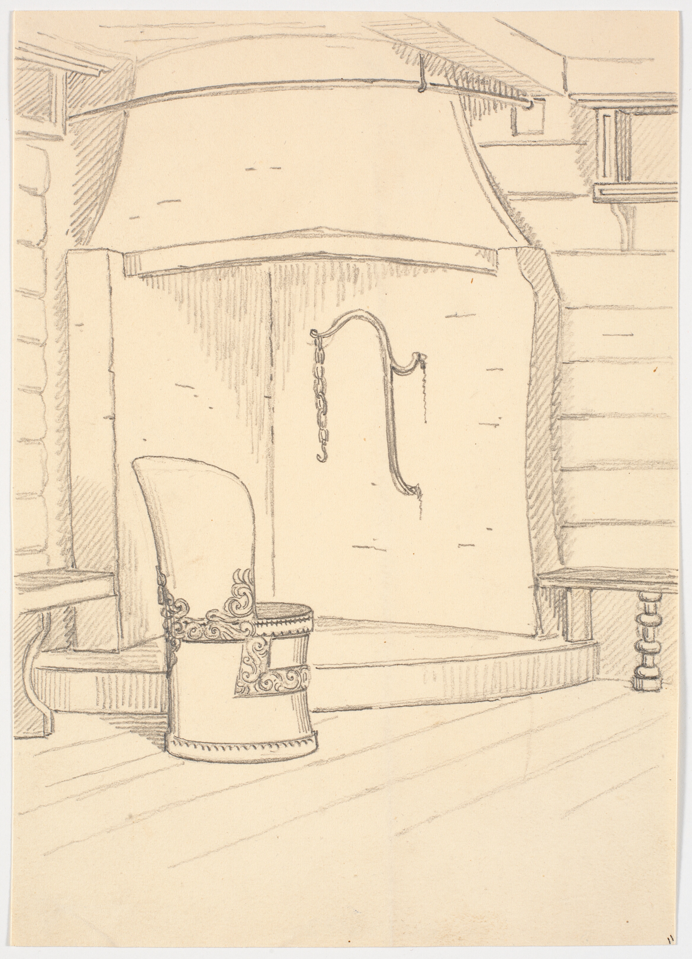 Kamin og rund træstol med ryglæn