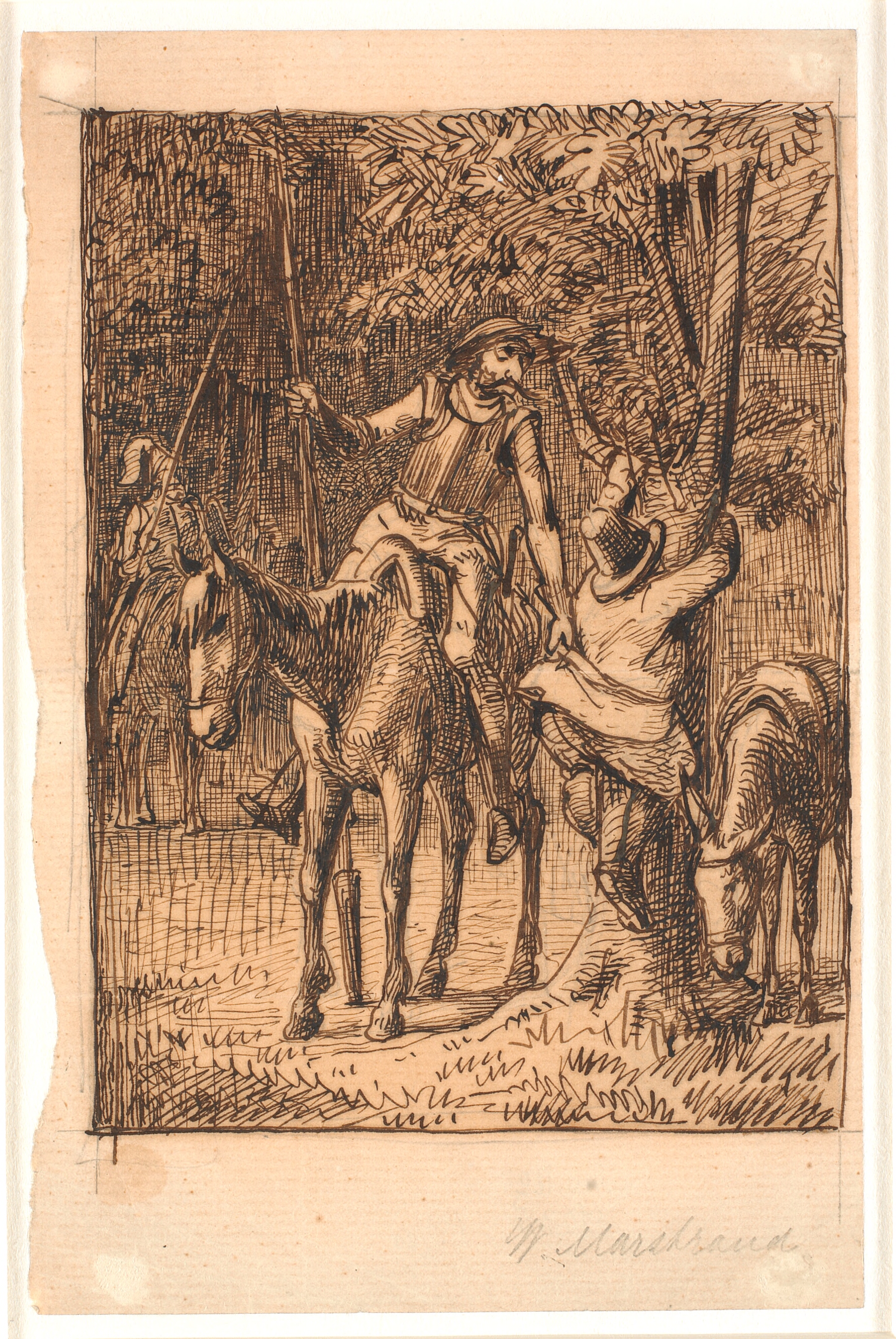 Før kampen med spejlridderen hjælper Don Quixote Sancho Pansa op i et træ