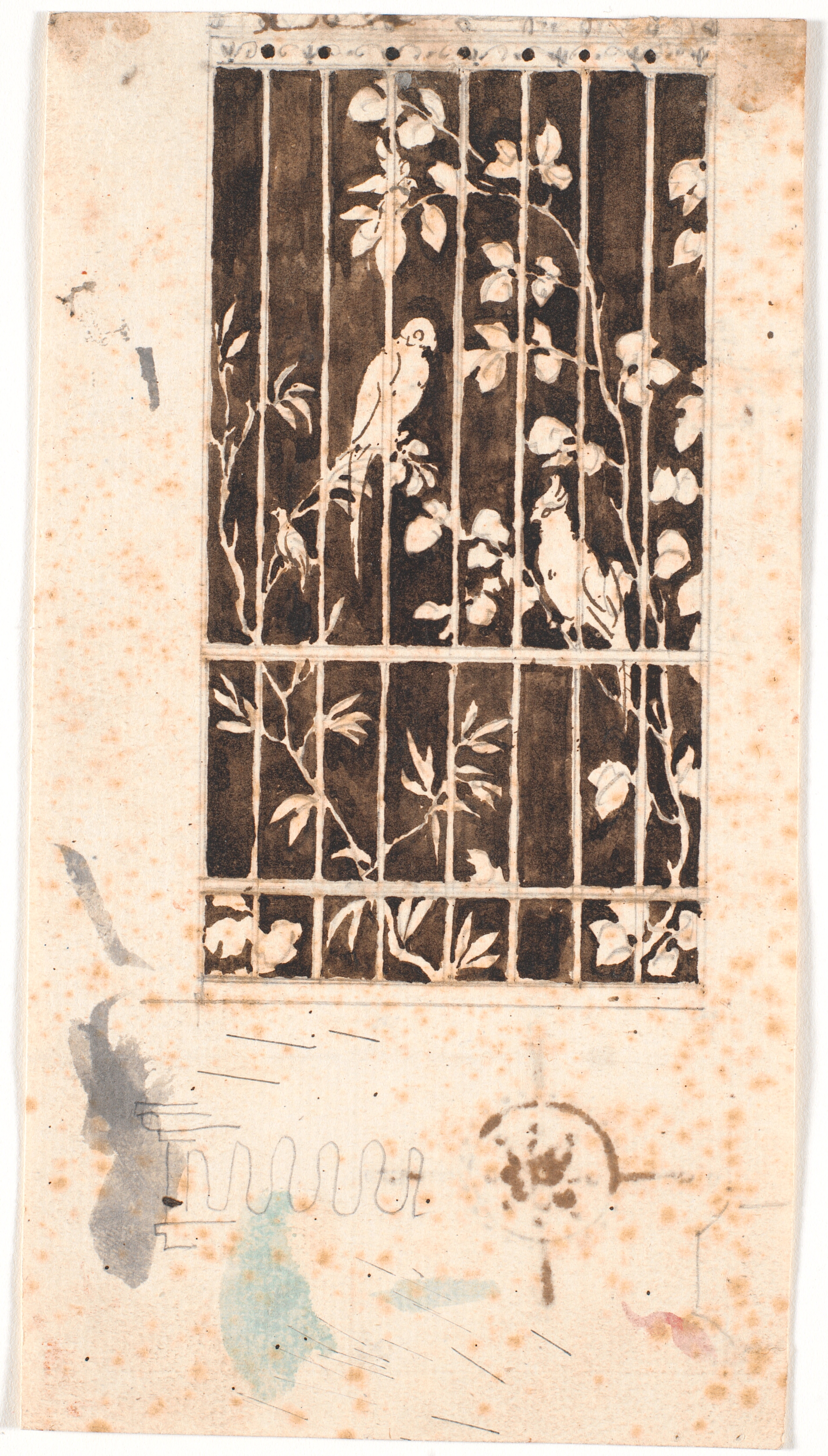 Et gitterværk, bag hvilket ses grene og kakaduer. Dekorativt udkast