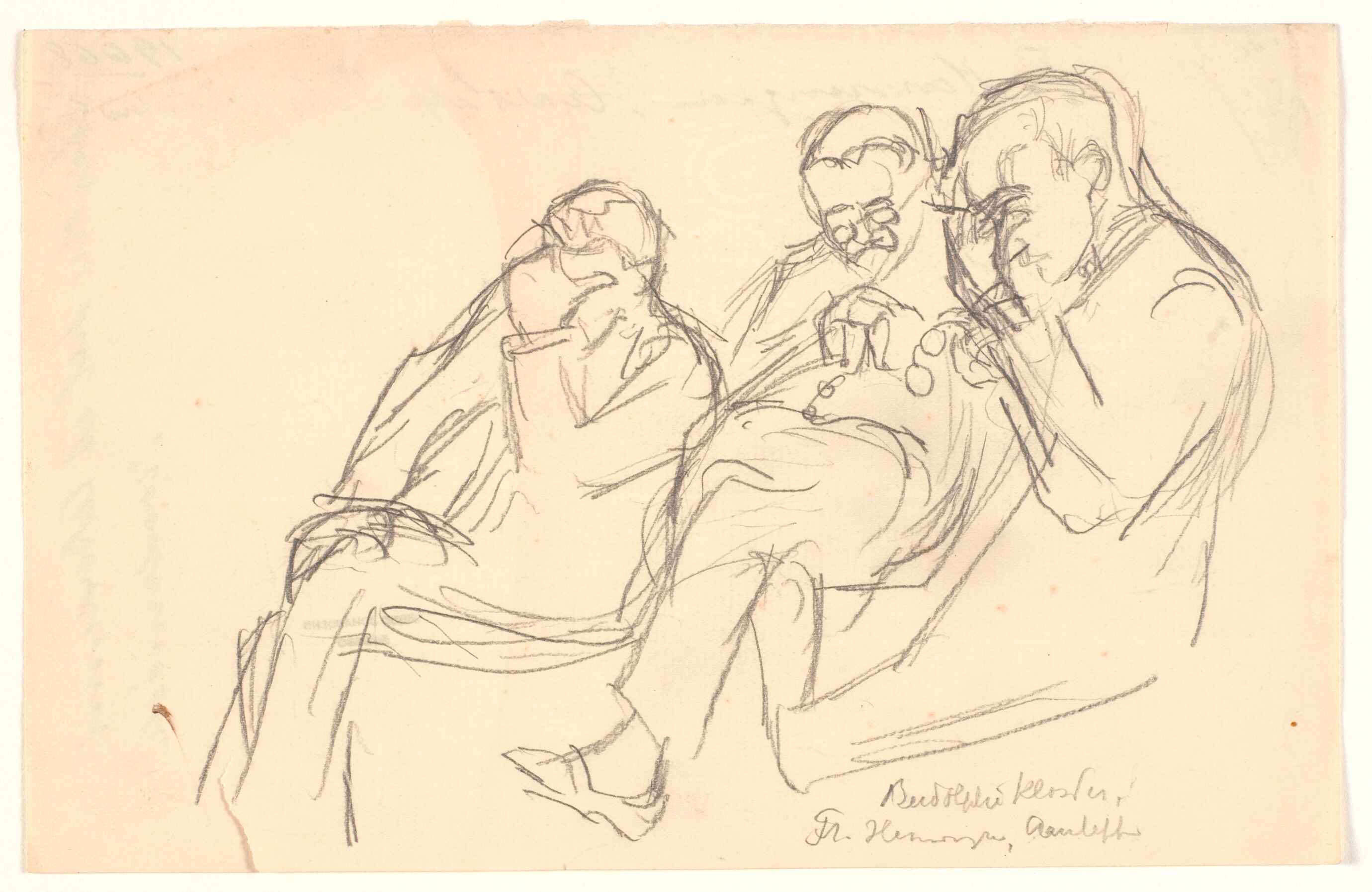 Figurskitse. Tre siddende mænd: Fr. Henningsen, Aarsleff og P. Johansen