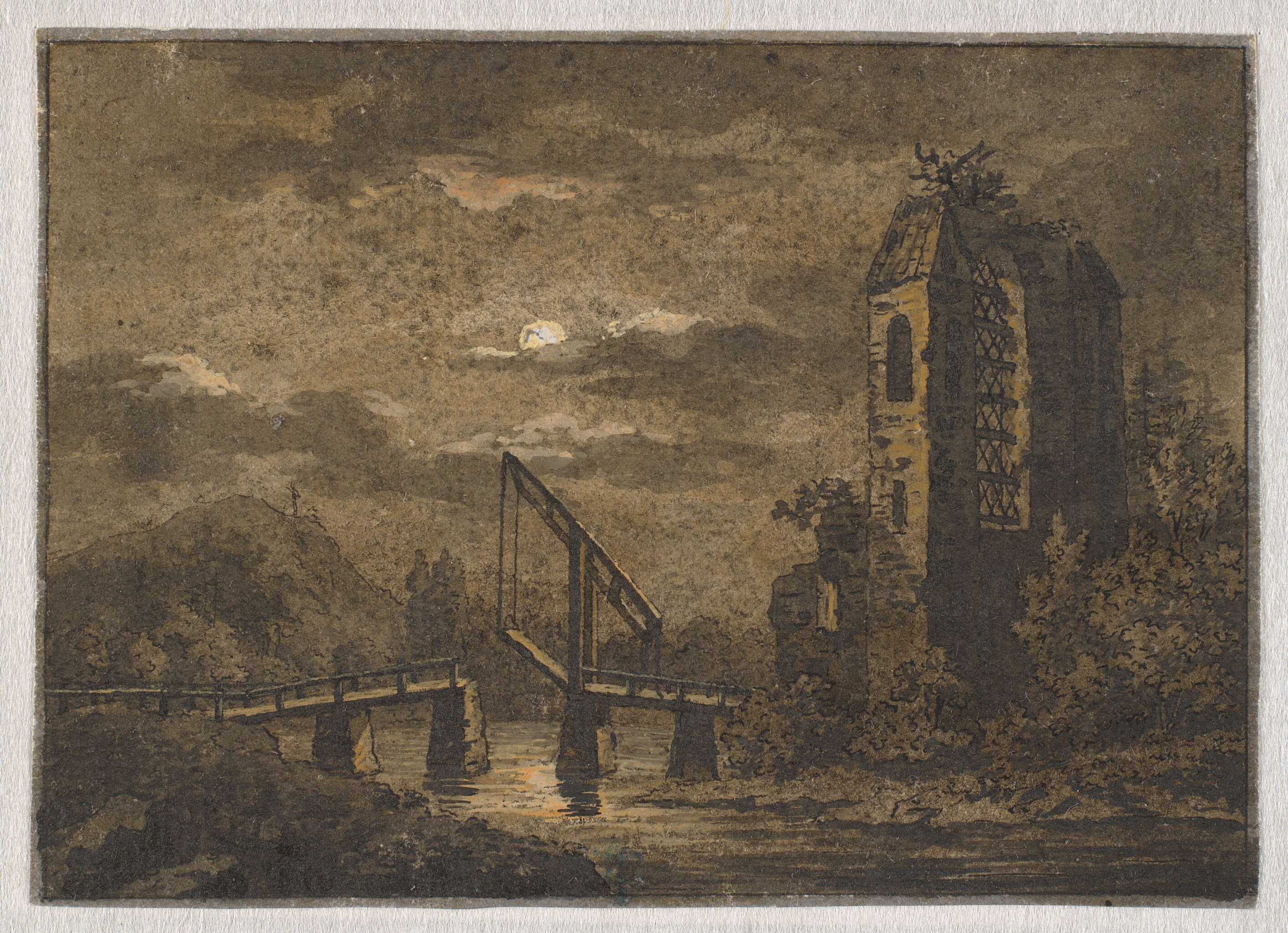 Landskab med vippebro og ruin i måneskin