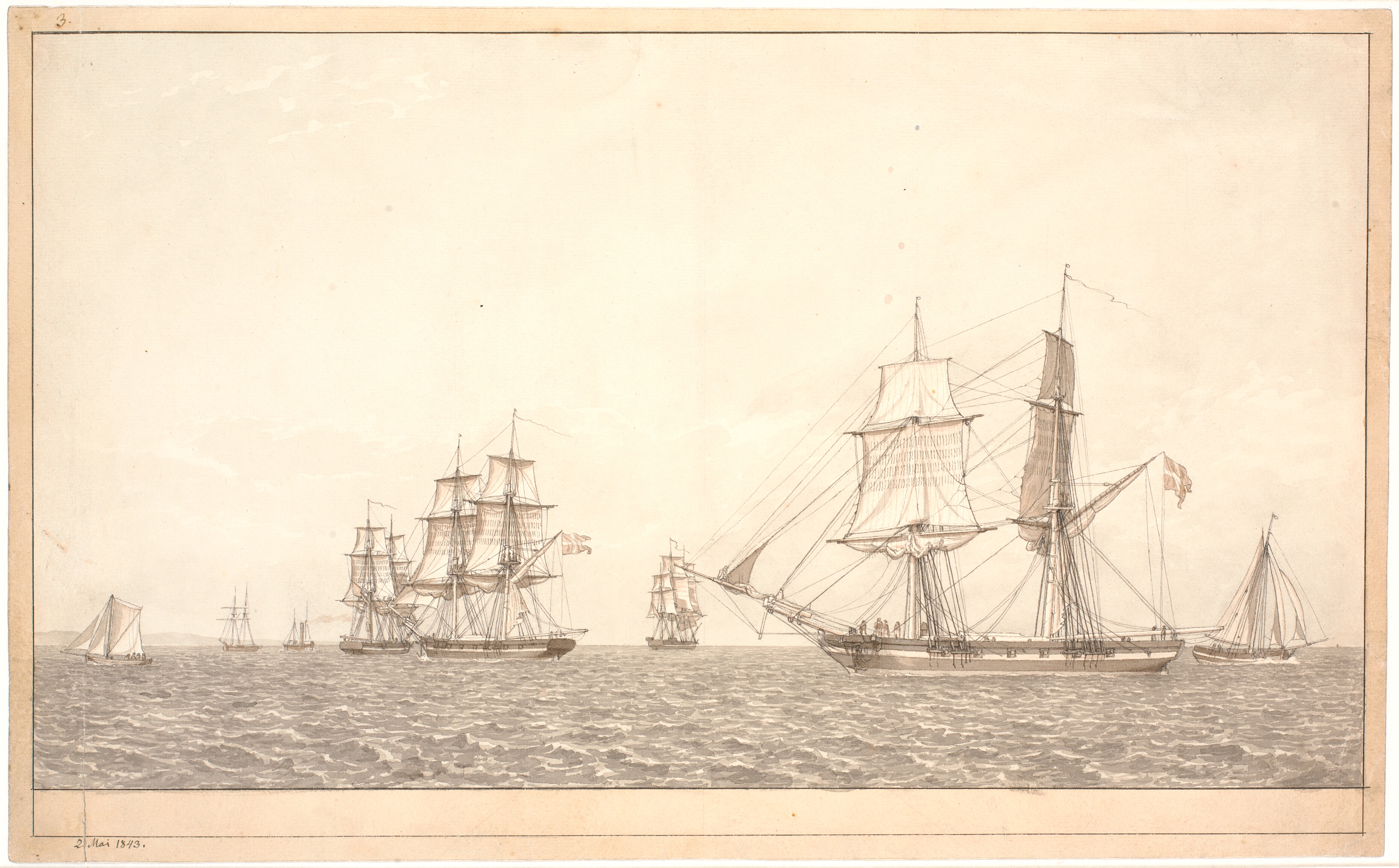 Krigsskibe under sejl i sundet.