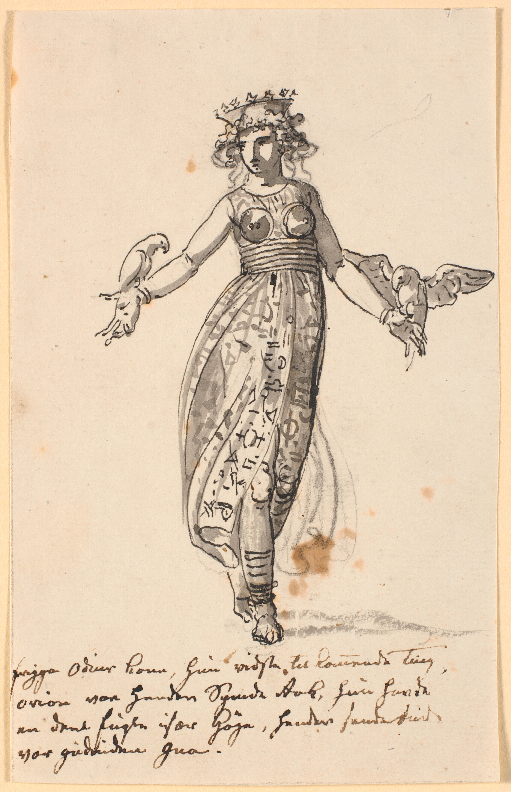 Frigga, gående, med et par høge på de udstrakte arme. Samt nogle linjer med kunstnerens notater