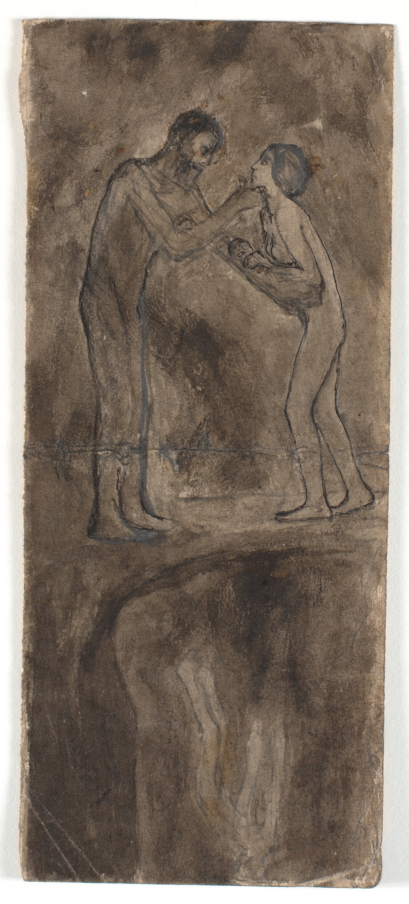 Kompositionsskitse, nøgen mand og kvinde med barn. I underkanten, omvendt på hovedet, nøgen figur