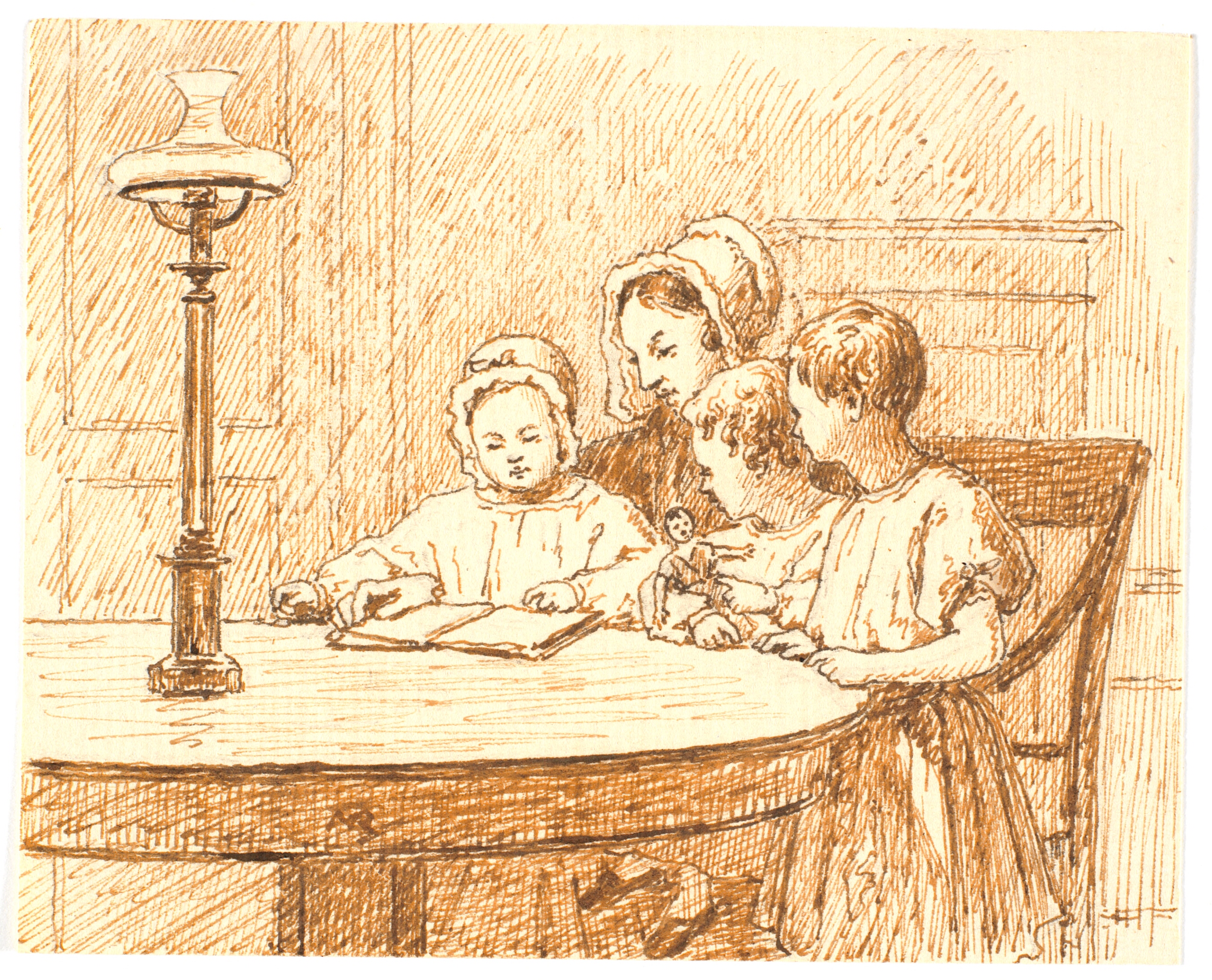 En mor viser tre børn en bog