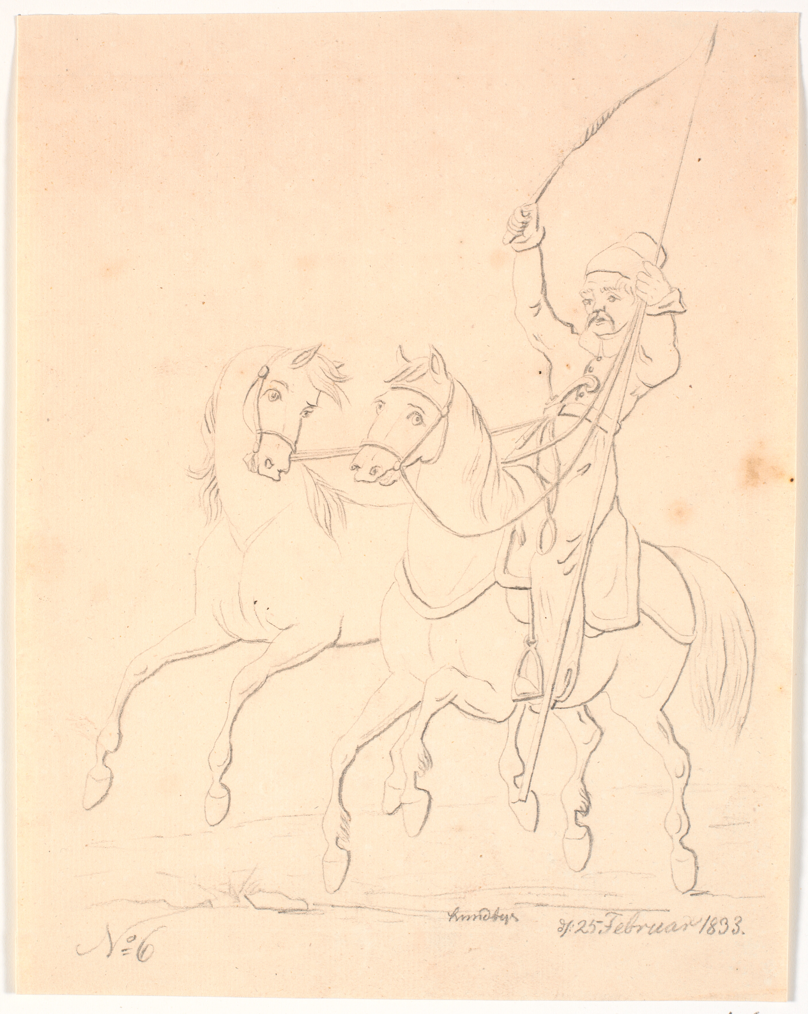 Ridende soldat, der leder en usadlet hest