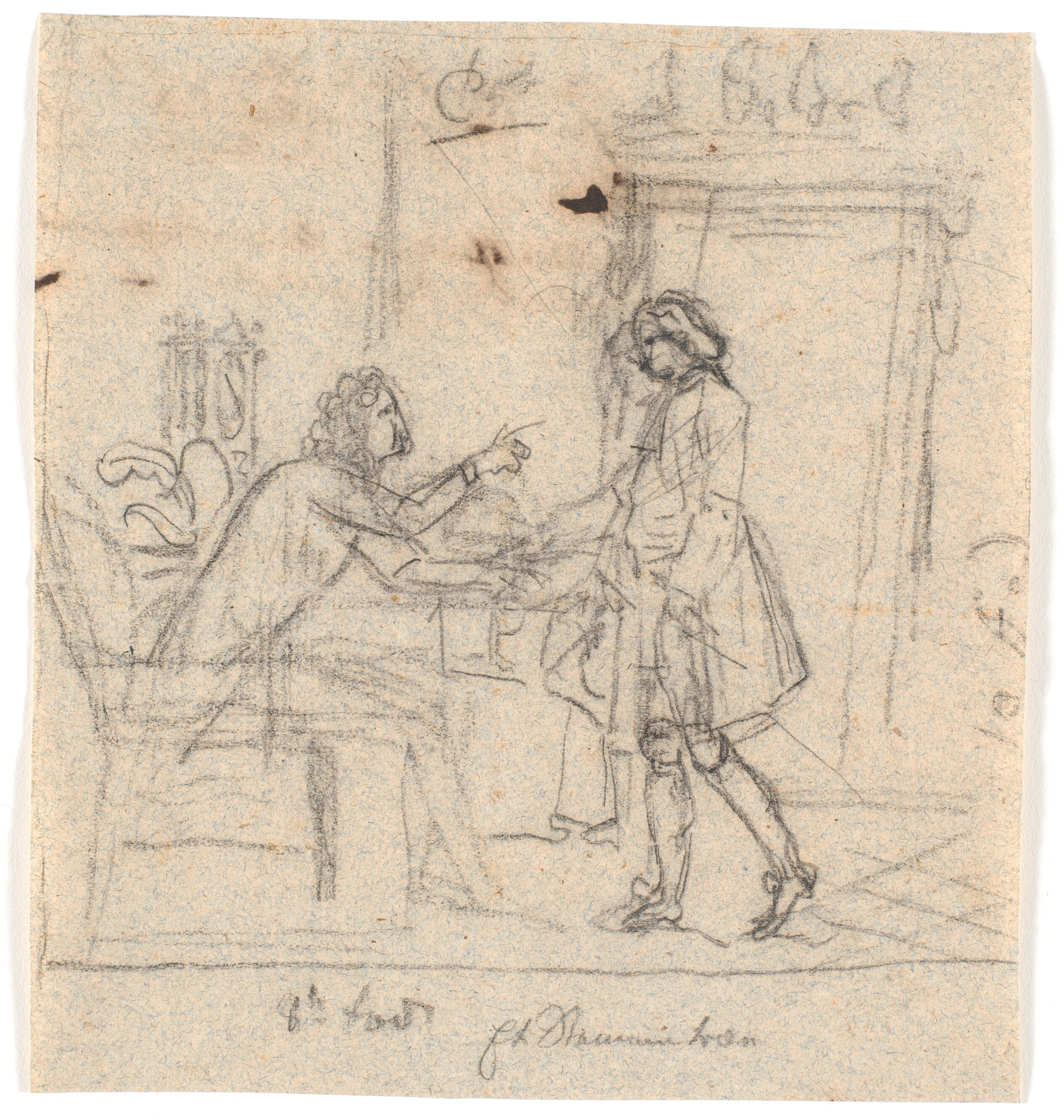 En siddende og en stående herre i samtale