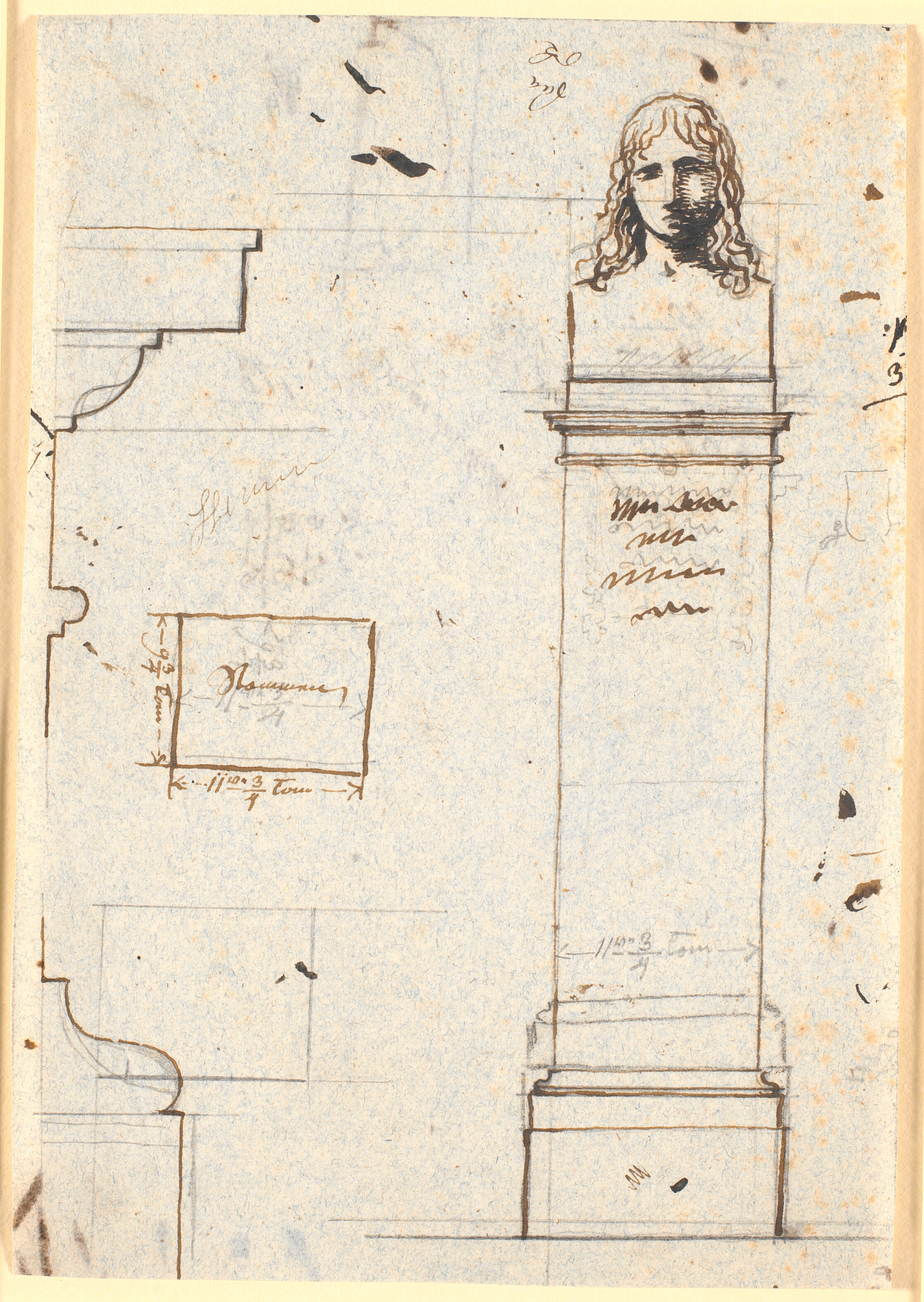 Udkast til et monument med en buste af en ung mand med lokker (Rafael). Opstalt, vandret snit og profiler