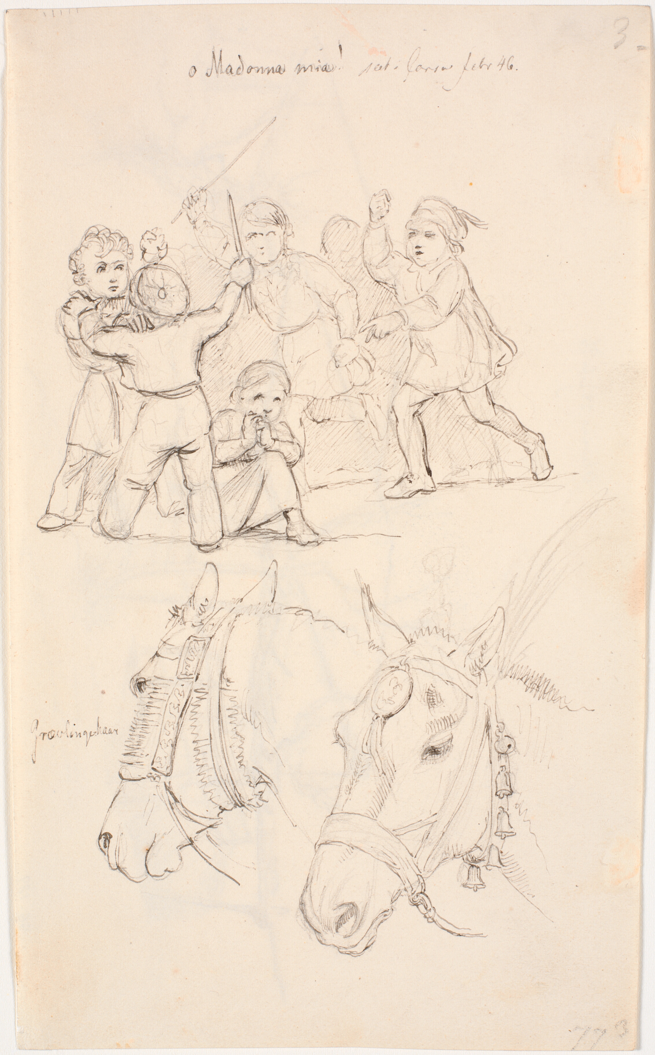 En lille pige midt i en flok drenge, som slås, forneden to hestehoveder