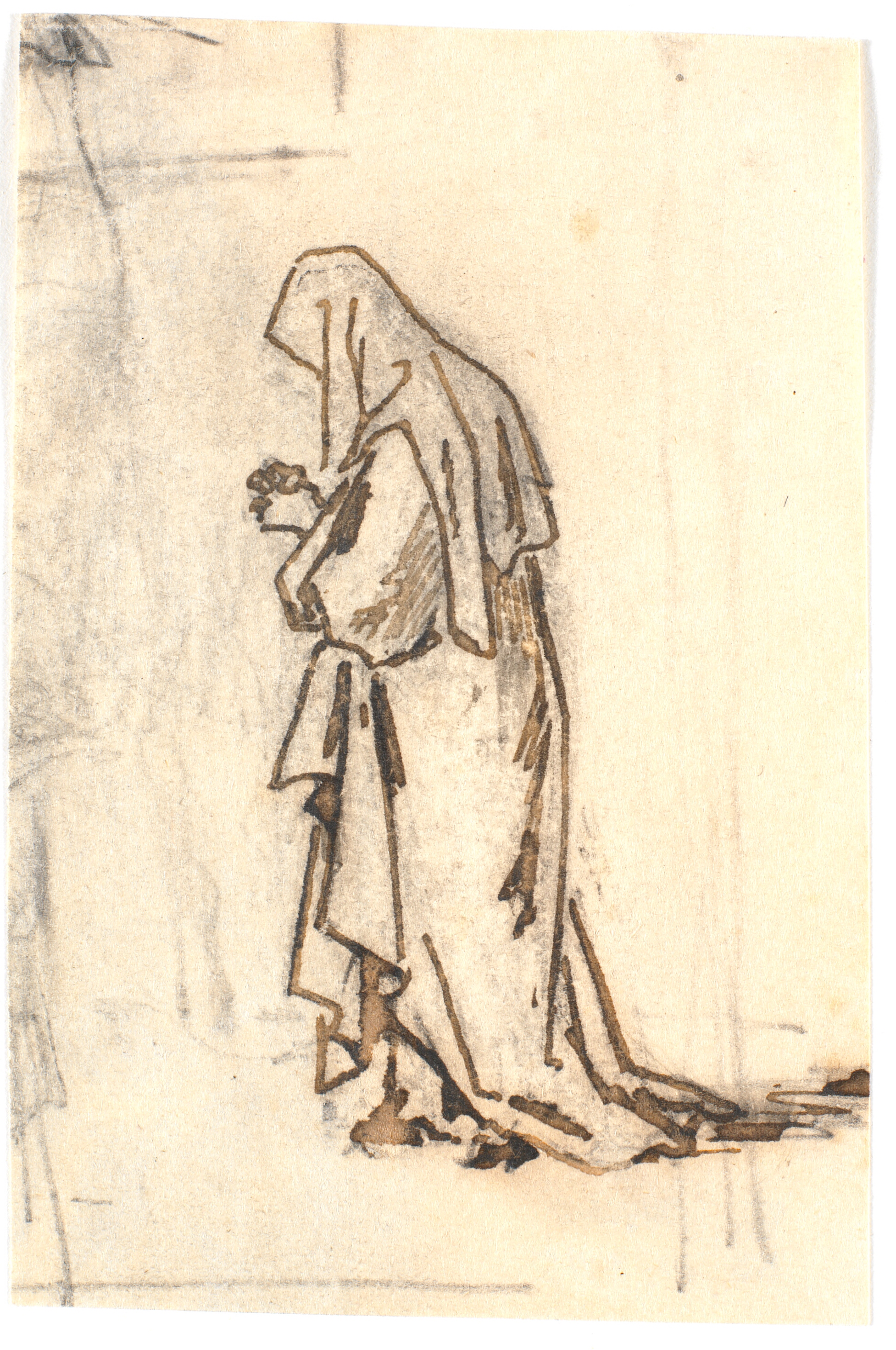 Stående kvinde i kjortel og hovedklæde