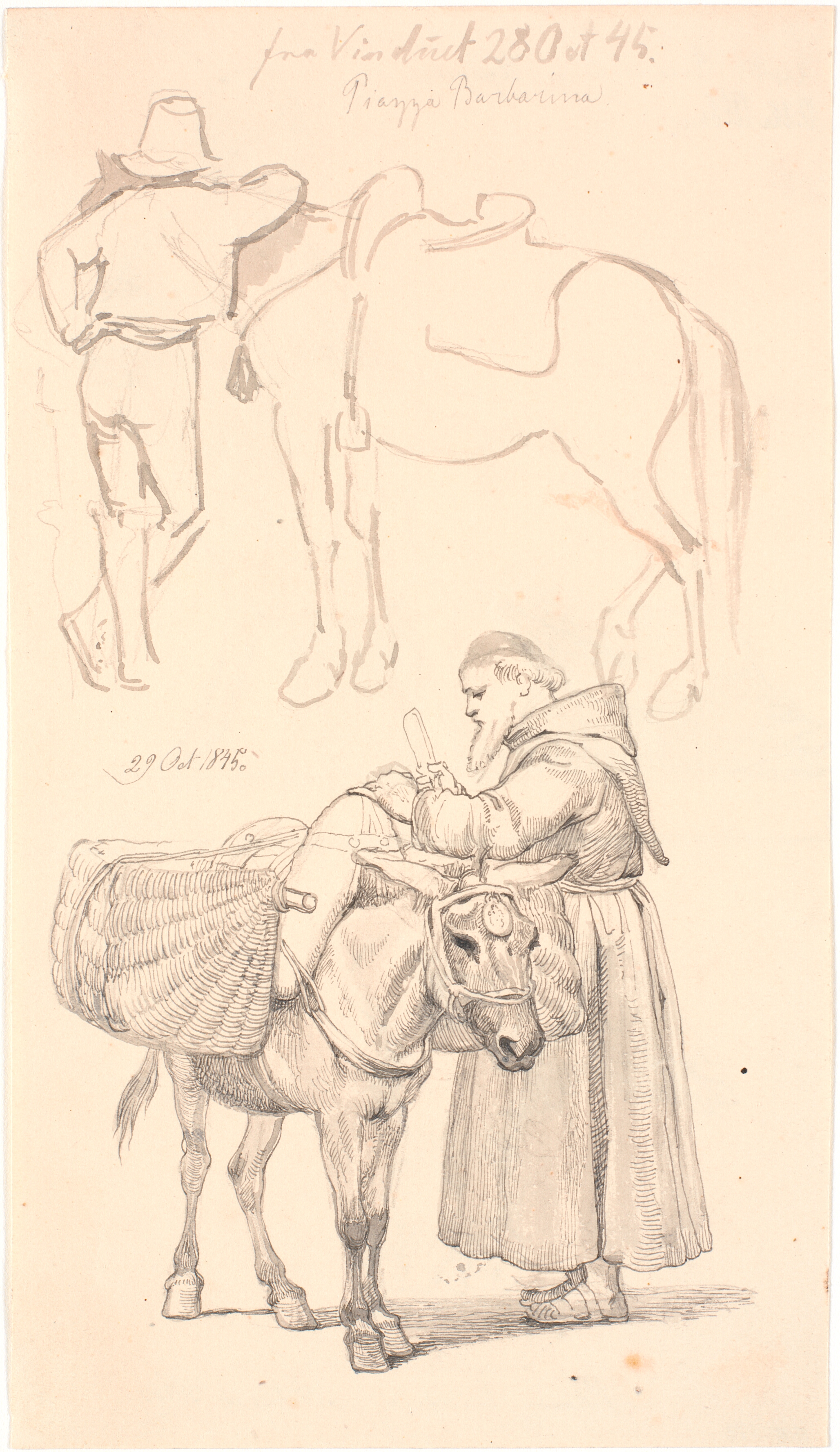 Campagnol staaende ved sin hest. Forneden en tiggermunk stående ved sit æsel