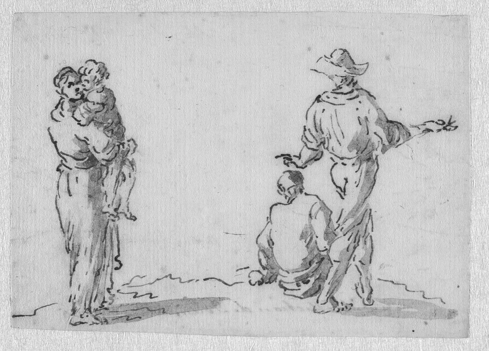 Kvinde med et barn på armen og to mænd