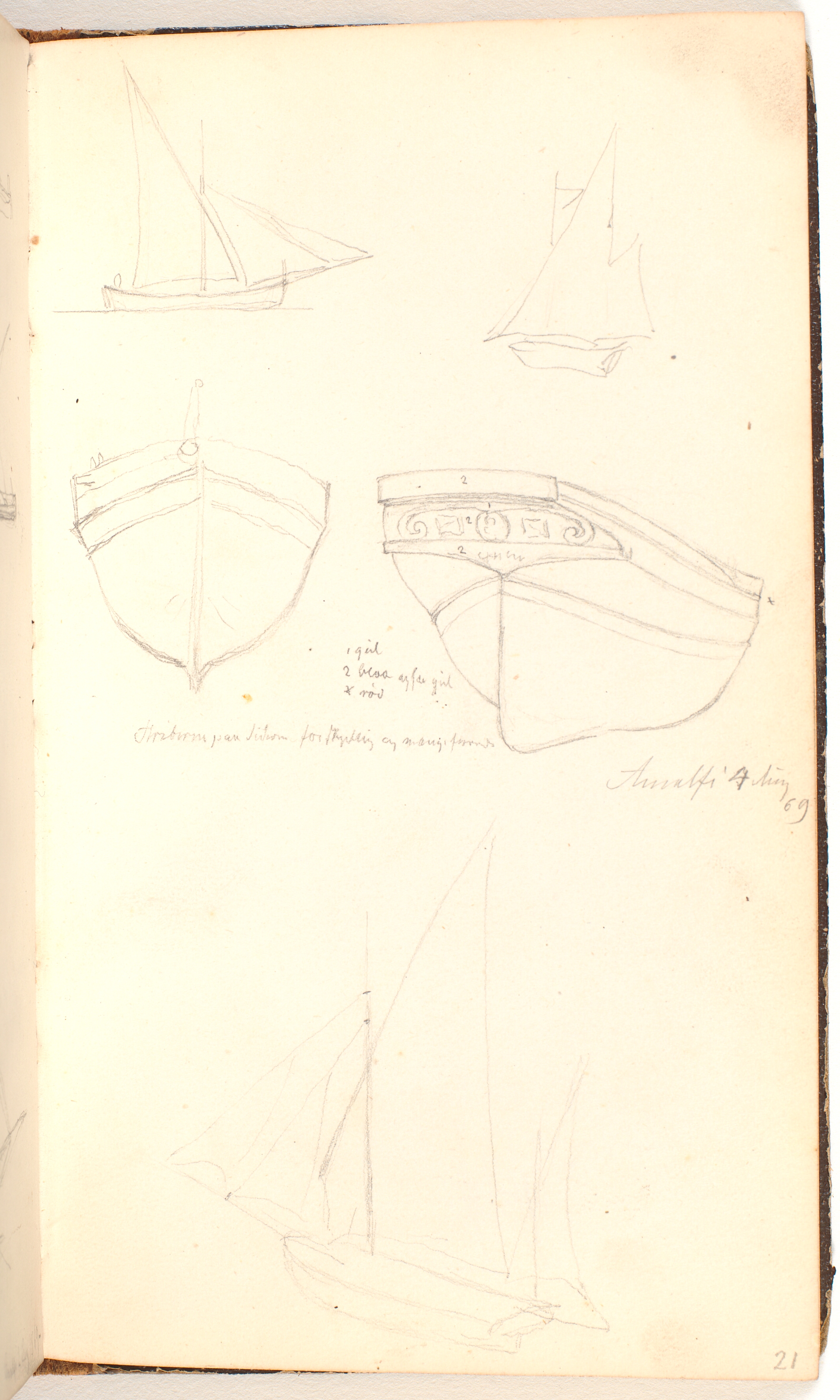 Tre små sejlskibe samt to studier af en skibsstavn