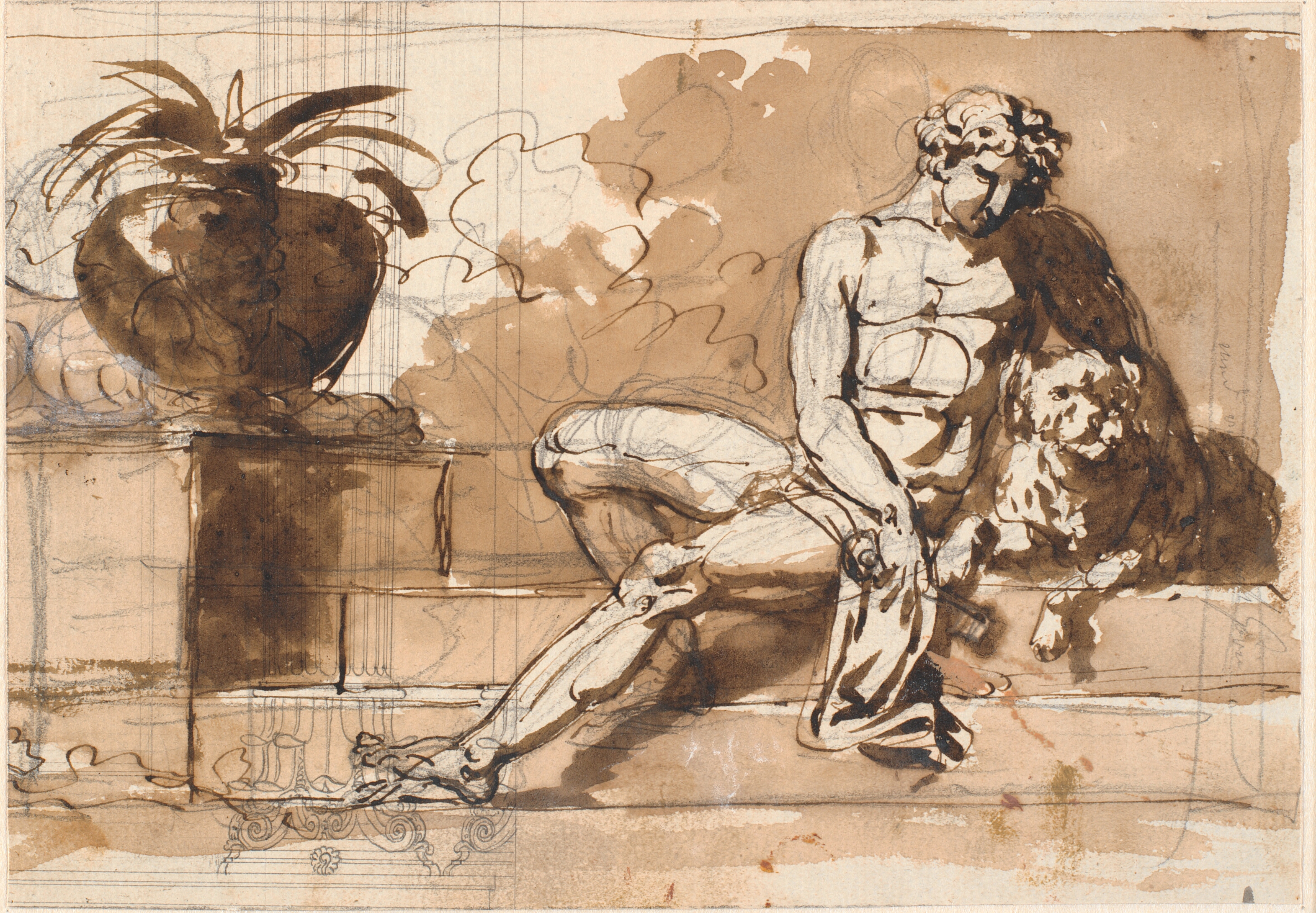 Siddende nøgen mand med en puddel t.v. en agave