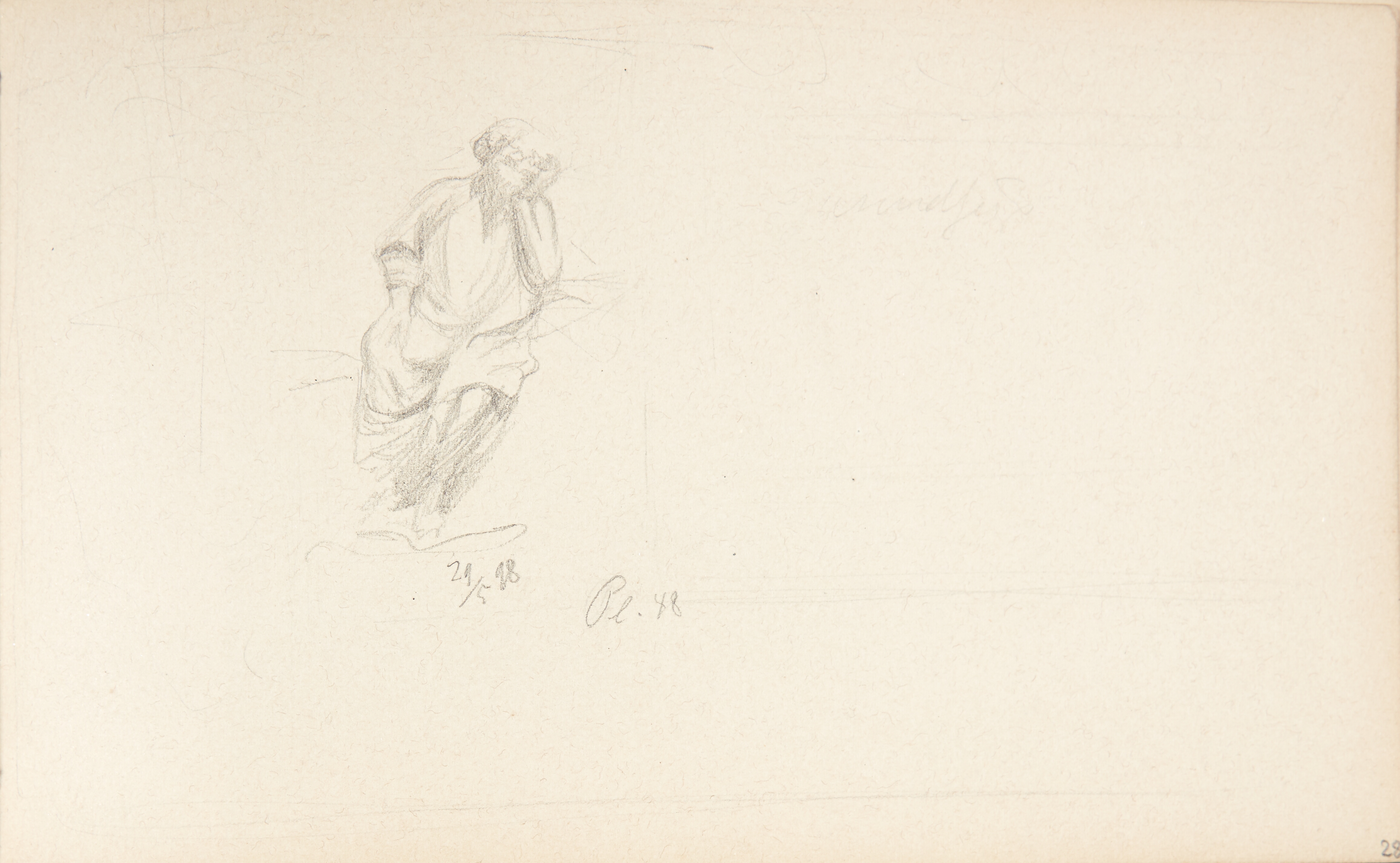 Siddende mandsfigur med hovedet hvilende i den ene hånd