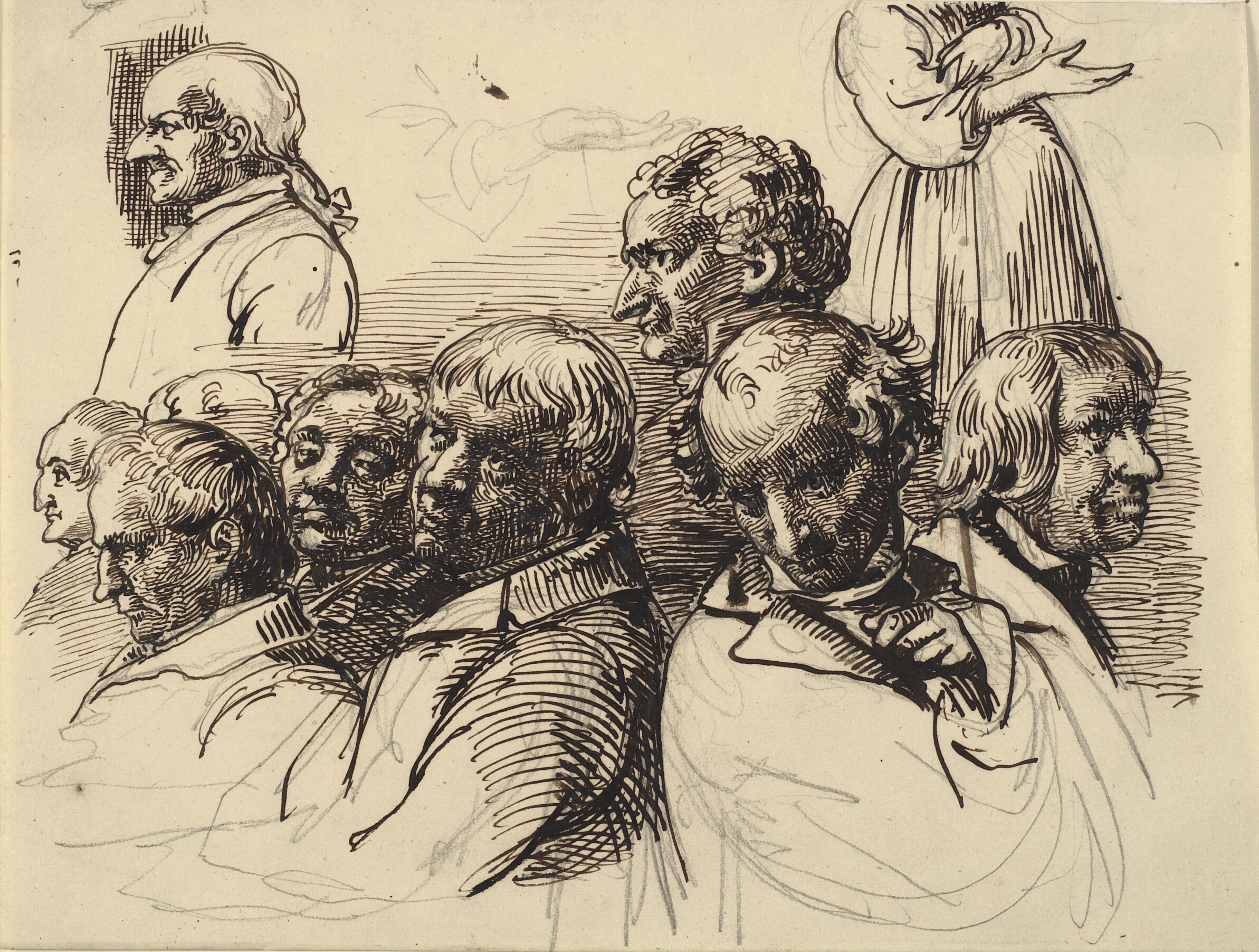 Studieblad med otte mandshoveder og en kvinde uden hoved